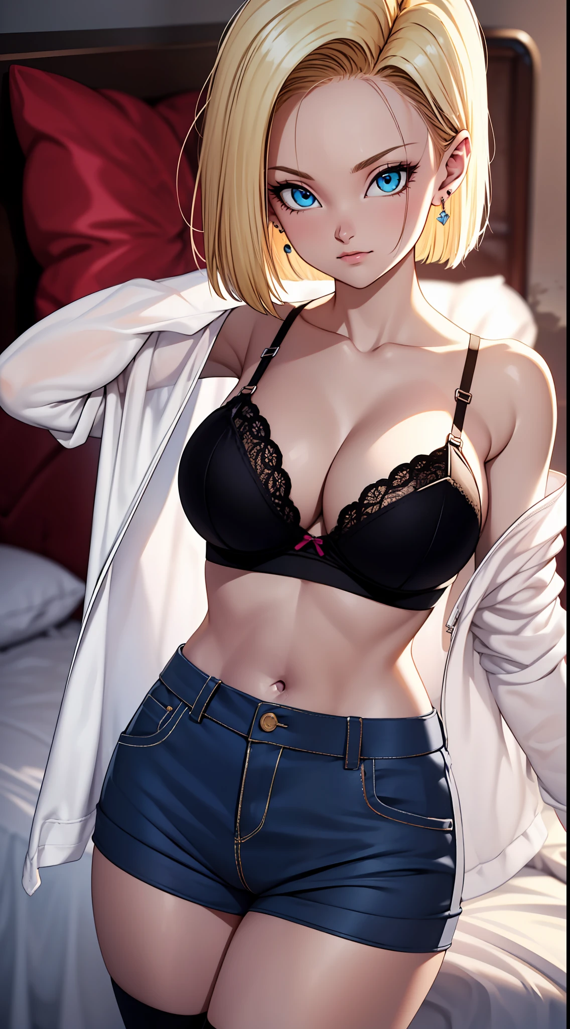 best quality, highres, and18, 1girl, android 18, solo, blonde hair, blue eyes, short hair, earrings, large breasts, bed, negligee, (thong:1.2), bra, see-through,