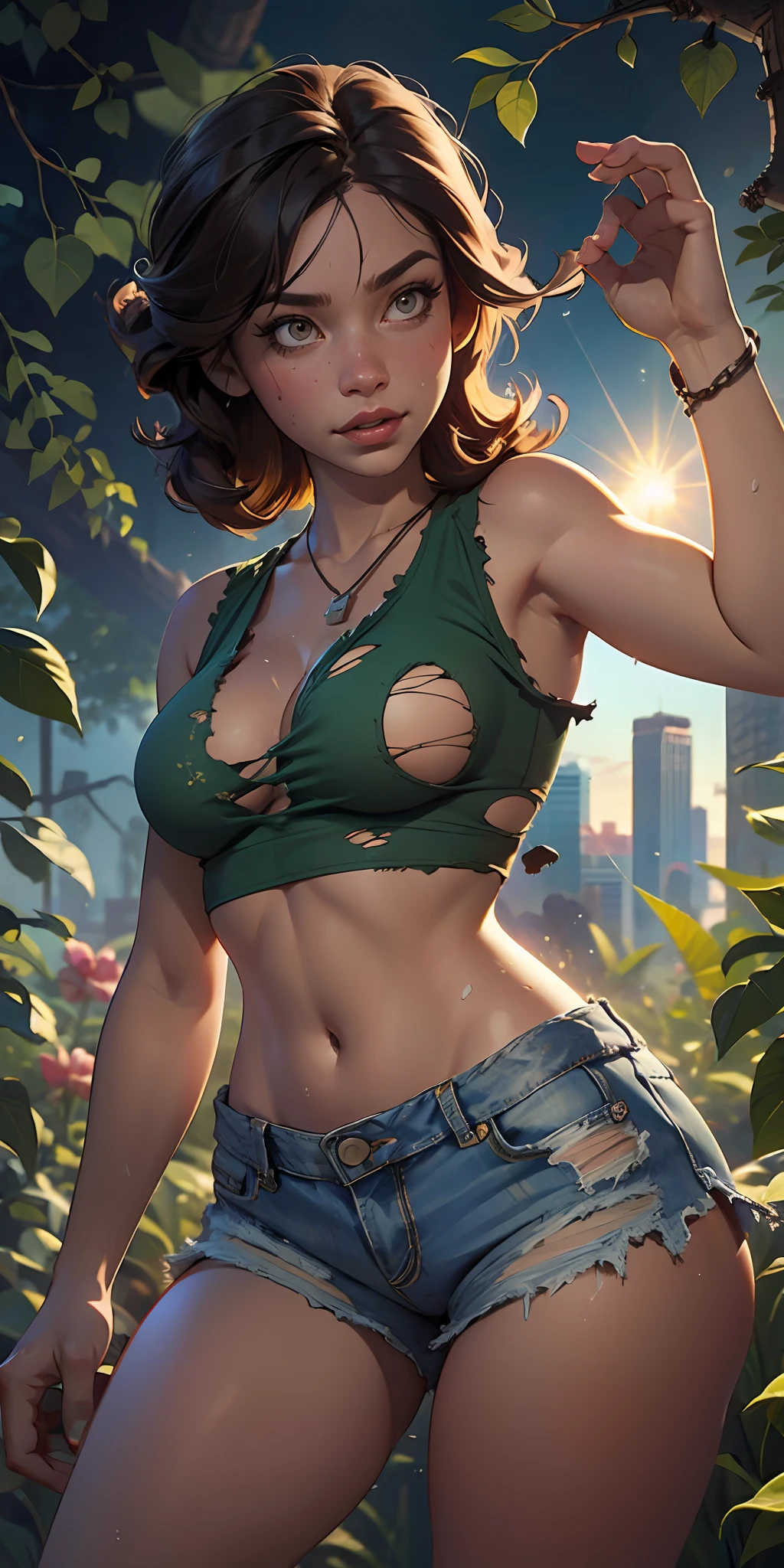 The Urban Ruins of the Wasteland, Female huntress picking fruit in the garden, torn shirt and denim shorts , sweating through, sun rising, Nice warm colors, The best volumetric lighting,