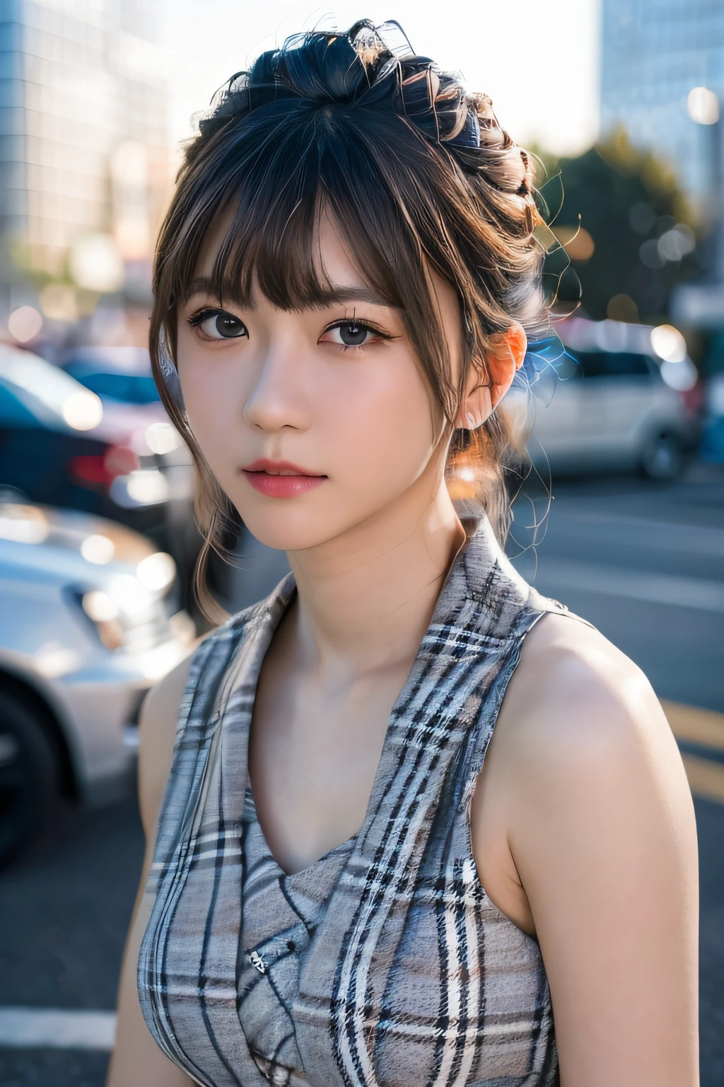 masterpiece, best quality, 4k, 8k, ultra highres, realistic, (photorealistic, RAW photo, sharp focus:1.4), highly detailed, detailed face, detailed background, beautiful 18 year old japanese woman, outdoors, city, city background, grey plaid dress, upper body