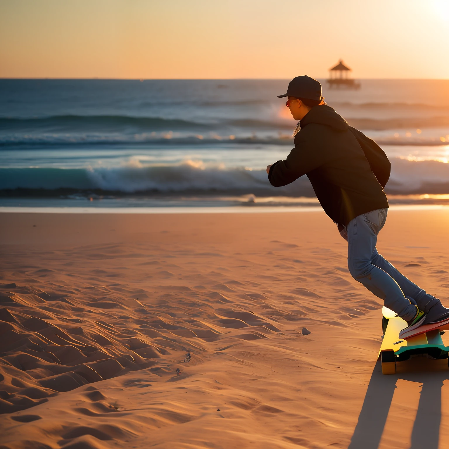 Junior sliding longboard on sunset beach，Do difficult skateboarding movements