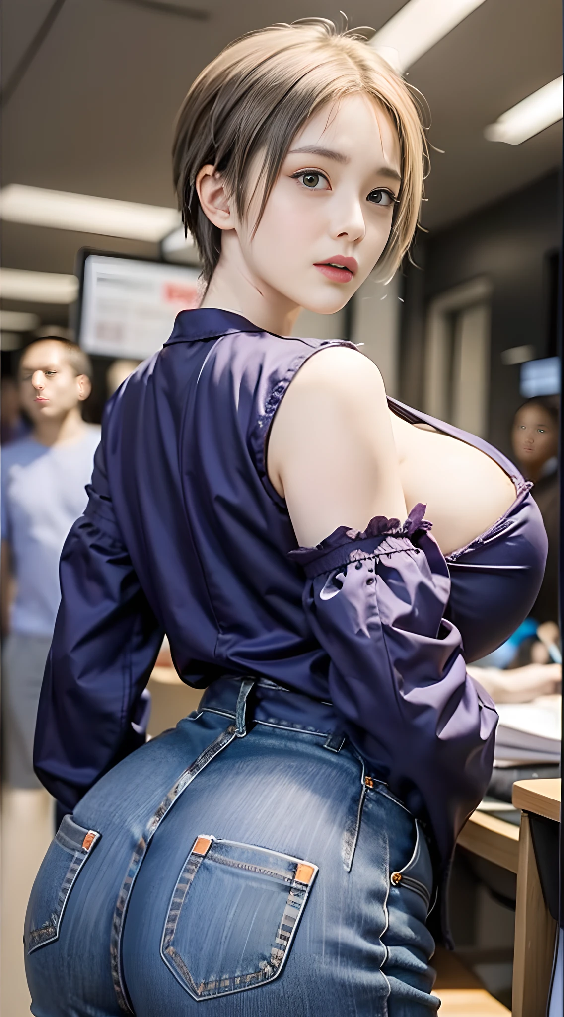 (best quality), big head, face confused, (uzakihana with huge breasts:1.2) in a casual outfit at office, from back