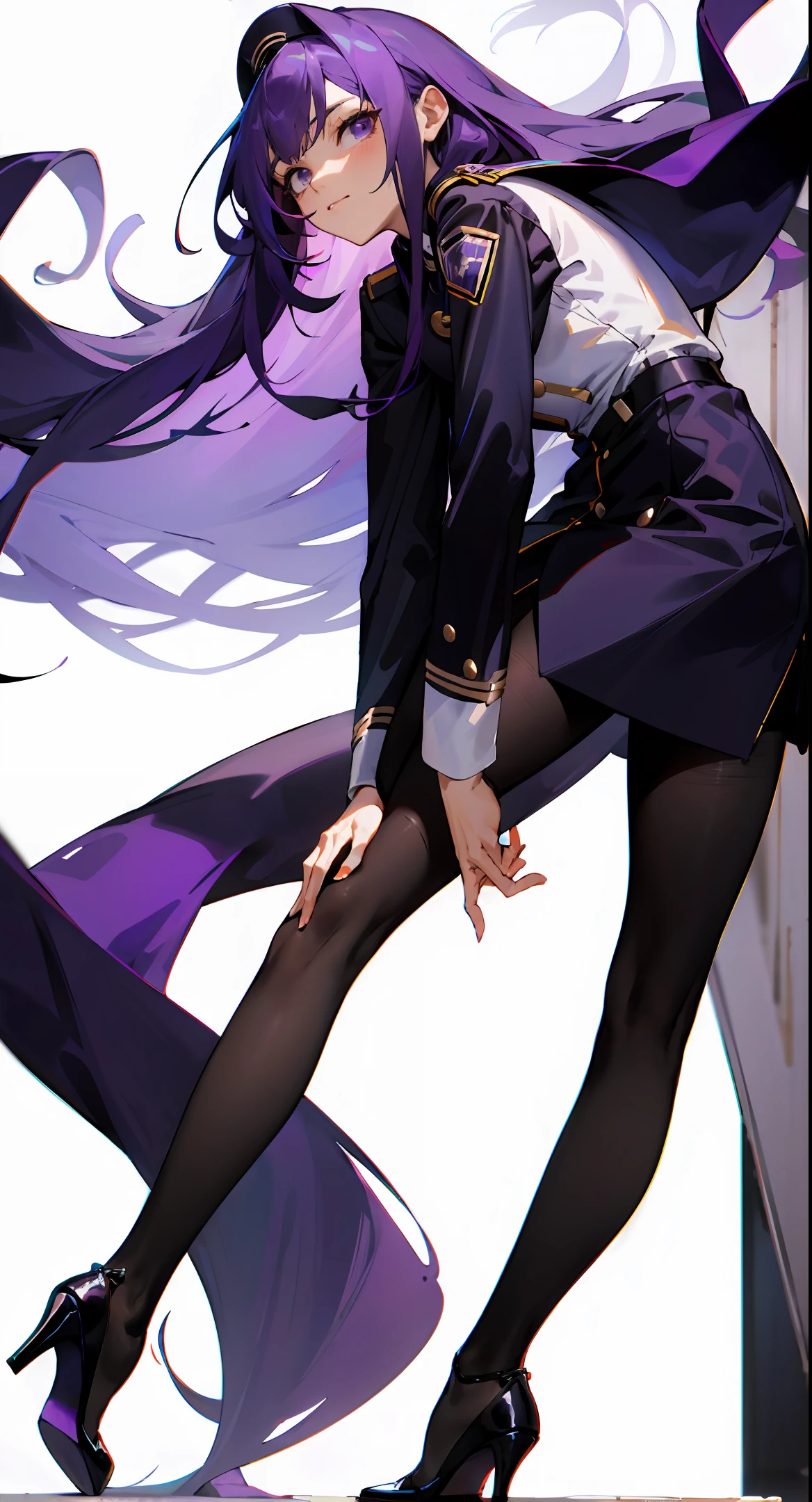 Long purple hair，The face is delicate，Wearing a uniform，Wear black pantyhose on the legs，Wear black high heels on your feet