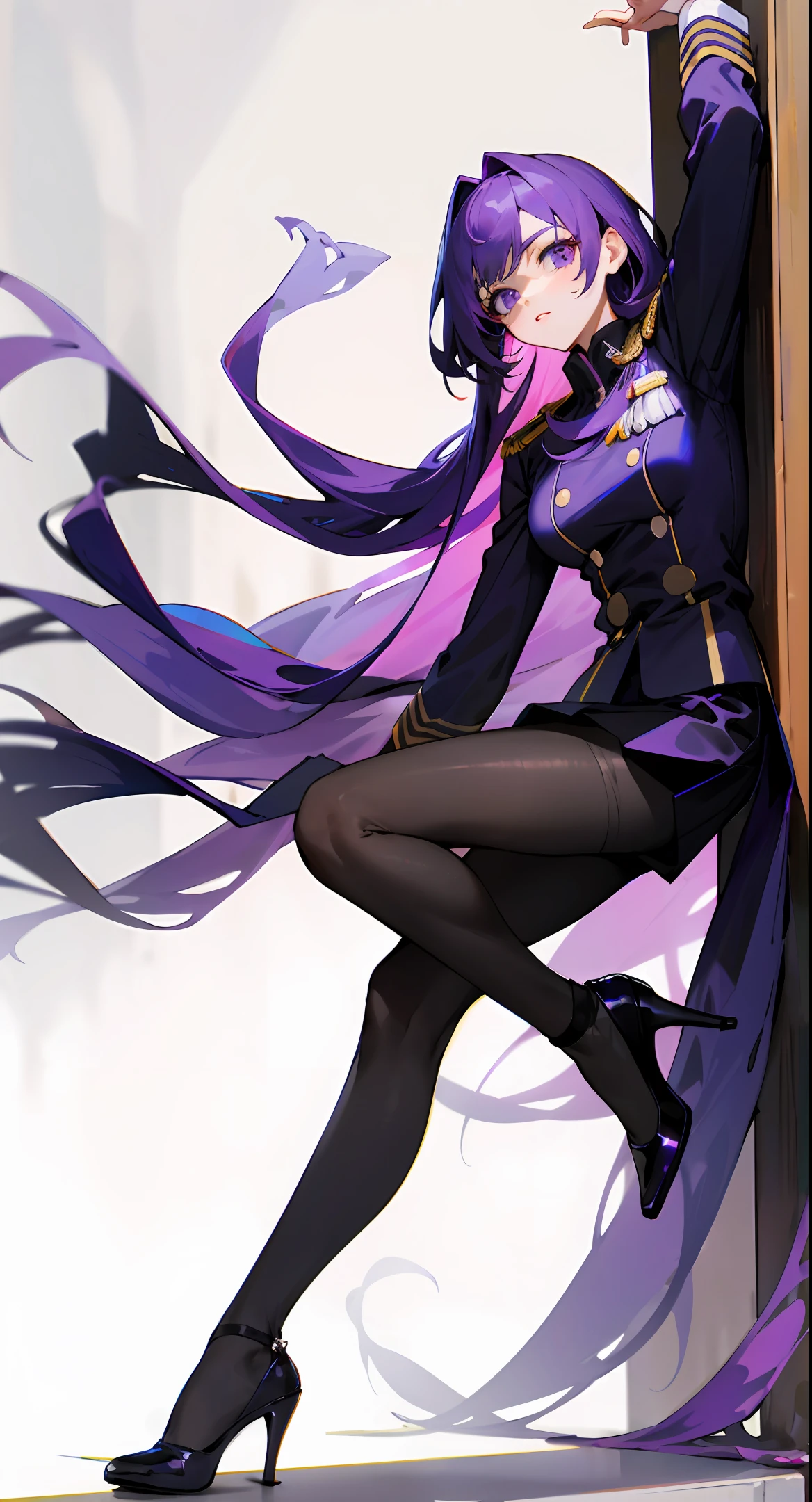 Long purple hair，The face is delicate，Wearing a uniform，Wear black pantyhose on the legs，Wear black high heels on your feet
