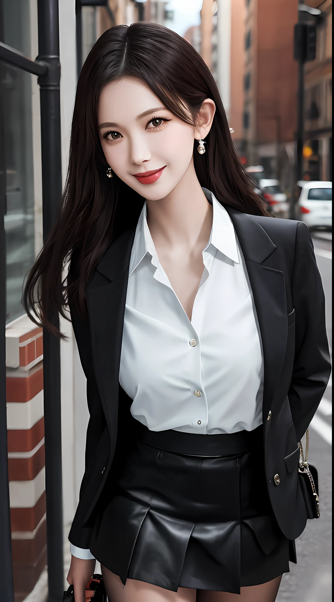 最好的质量, A masterpice, 1girls, Beautiful face, (photographrealistic:1.3), Rim Lighting, (High Detail Skins:1.2), 8K UHD, DSLR, highly quality, high resolucion, 4K, 8K, vokeh, absurdist, best ratio four finger and one thumb, (Realstic:1.3), cute 1girl, Wearing a black formal blazer, big breasts, a short skirt,The best smile