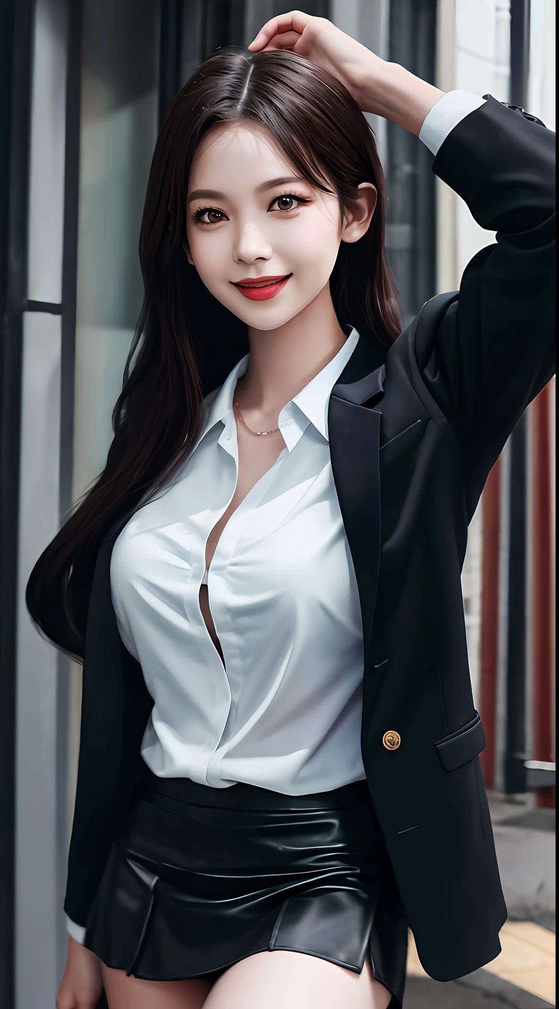 最好的质量, A masterpice, 1girls, Beautiful face, (photographrealistic:1.3), Rim Lighting, (High Detail Skins:1.2), 8K UHD, DSLR, highly quality, high resolucion, 4K, 8K, vokeh, absurdist, best ratio four finger and one thumb, (Realstic:1.3), cute 1girl, Wearing a black formal blazer, big breasts, a short skirt,The best smile
