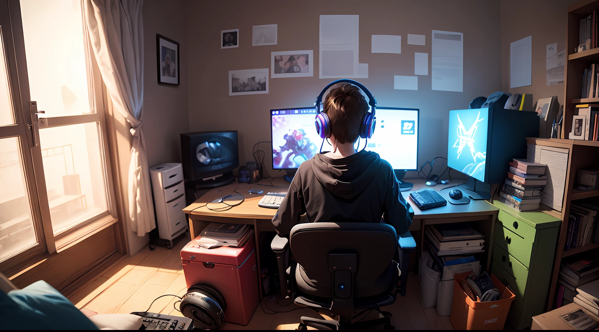 (detailed illustration, best quality, high resolution), a ager, playing video games, immersed in game, distracted, cluttered room, blue LED lights, console controller, headphones, RGB backlighting.