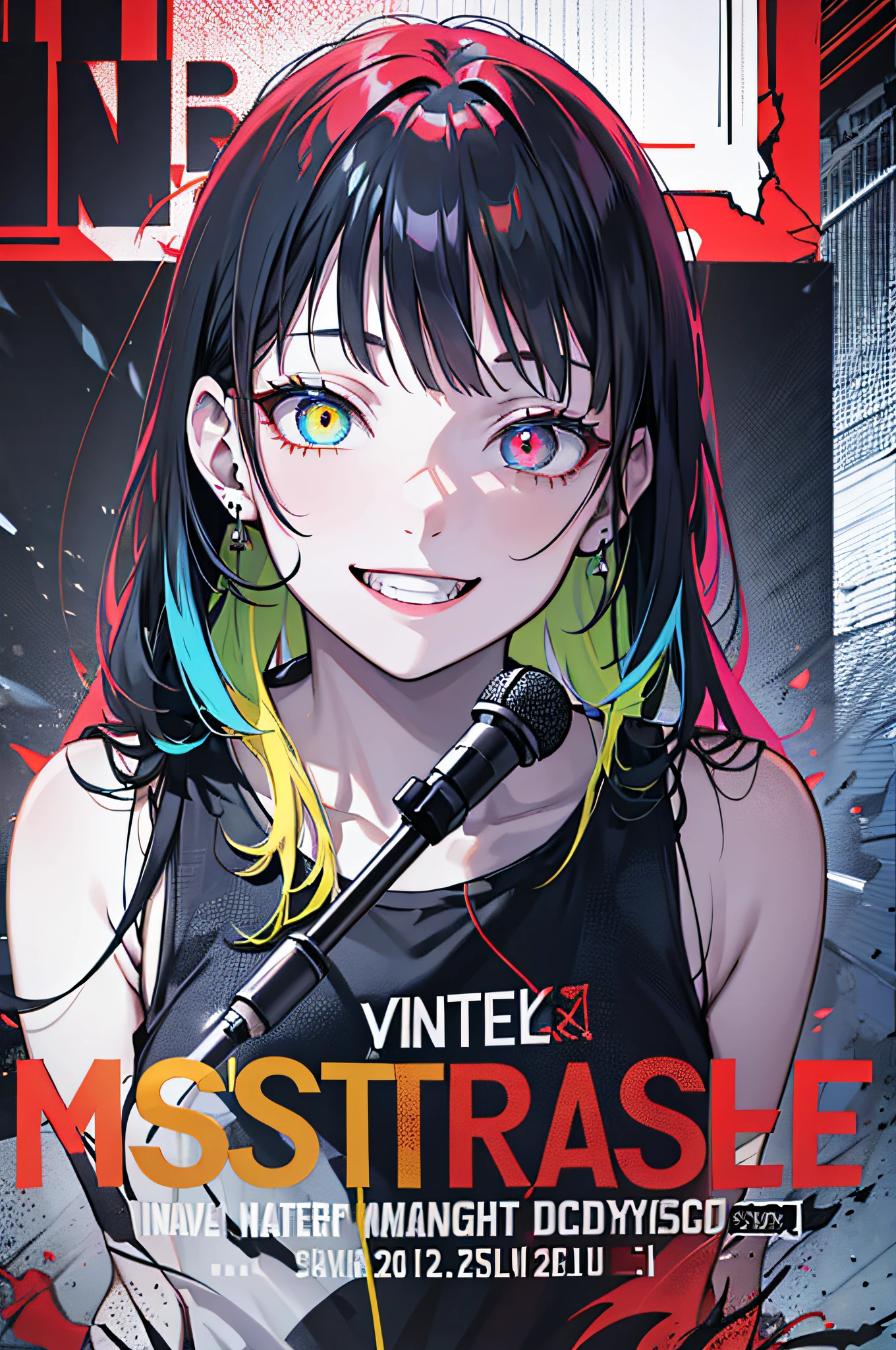 (Master Masterpiece:1.3), Realistic epic、Cinematic lighting、absurdist, ultra-highres, Highly detailed、1girls, (Crazy smile:1.2) , two tone hair , bangs bangs , Crazy eyes , Light blue and yellow color scheme, shout , glowing eye, red-eyed, Luminous Eyes、Insanity、Demonic、psychedelic、dystopia、parade、Punk rock with microphone stand、Live concert advertising poster