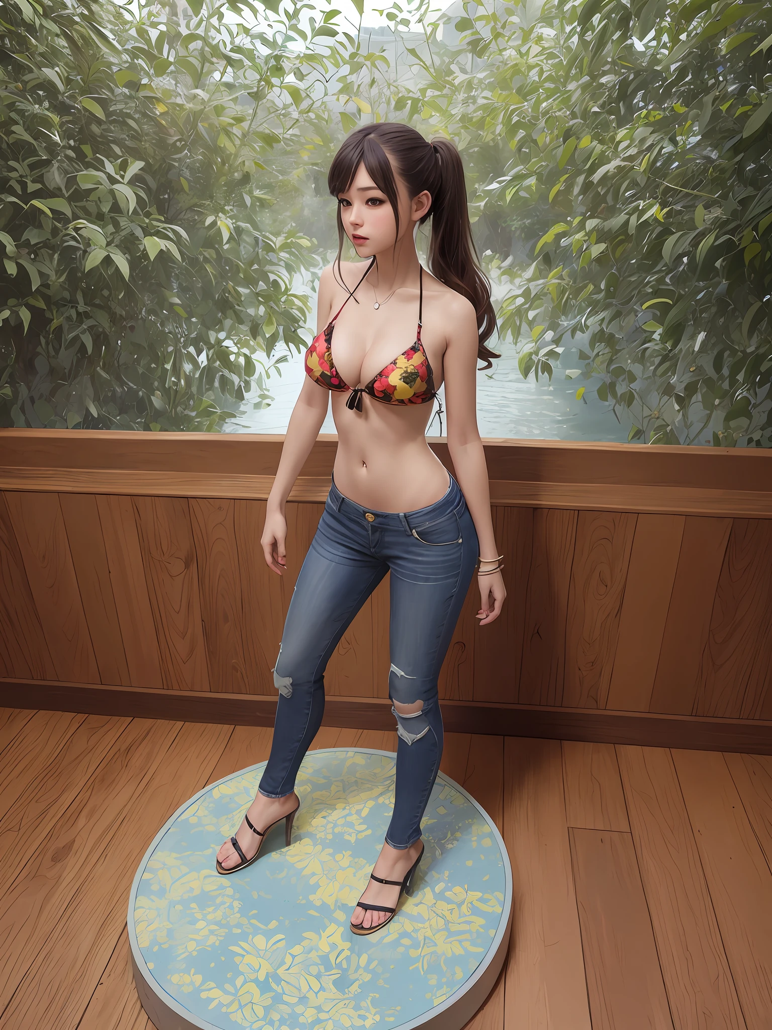 Beautie,  Low-rise jeans, bikini top、High heel、a beautifulchi girl, ponie tail, Full body, highly detailed full body, , Highly detailed body,