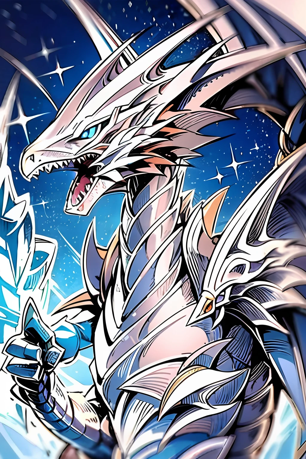 （（Close-up of a dragon with a very large body and wings ，blue eyes white dragon）），（（A huge close-up of the dragon's head）），Crystal light，Silver ice reflective armor，Ice crystal armor，Blue scales，（looking at the screen），Yugioh artwork，Godrays digital painting，Master of Ice,ultra-clear，8K，Dragon's horn，Dragon tail，galaxias，lune，moon light，planetes，Sharpteeth，Meteor，skies，starfield background，