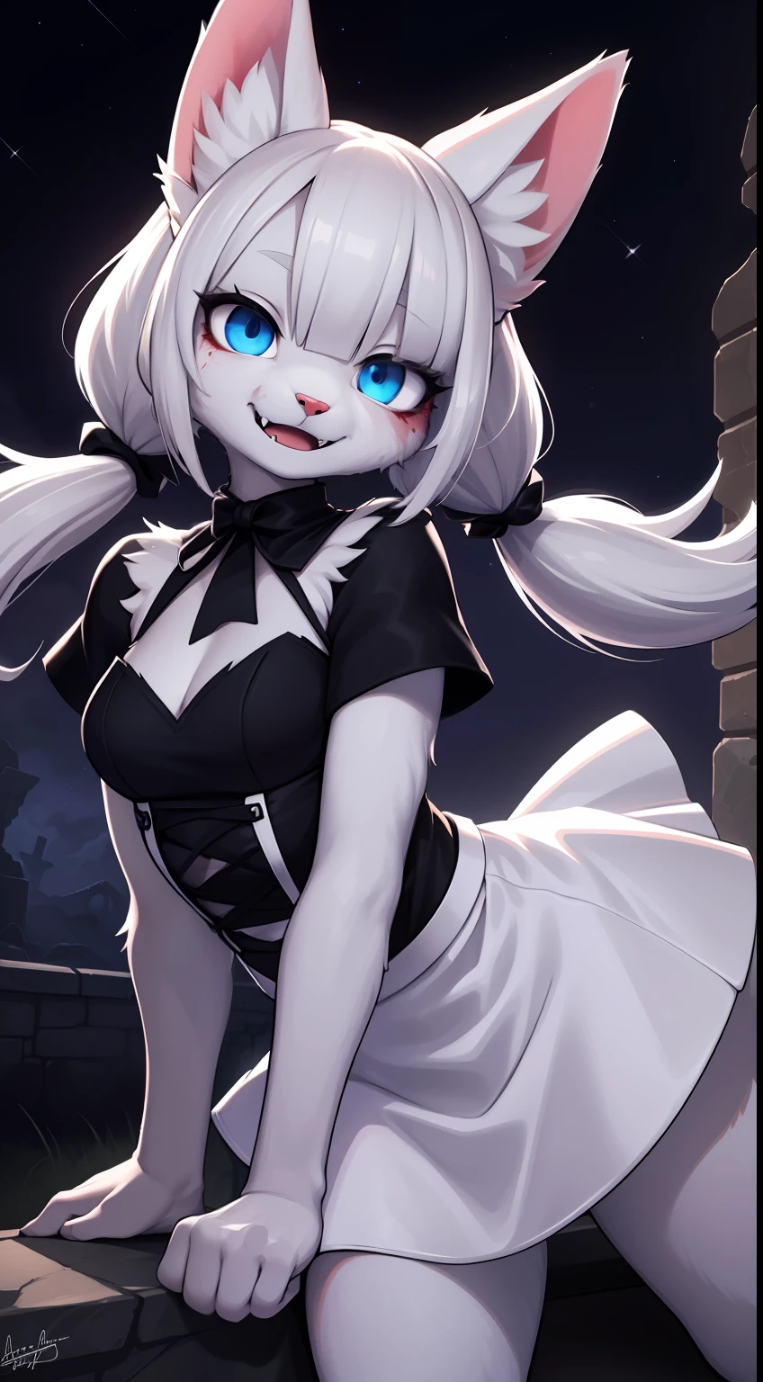 Cat Girl,was hairy,shaggy,Skin fur,White fur,Forelimb hands,hair splayed out,White ears,White face fur,White hair, hair splayed out, Shiny hair,Long hair,Hairline, lowtwintails,Blue eyes,Super cute face,Empty eyes,Crazy smile, Fangs,bat hair ornament,White dress,Ambient light,Ultra-fine fur,volumettic light,dashed eyes, bangs, light and darkcontrast, ultra high def, 巨作, Super detail,Ruins background,crow,Night,starry light,blood, blood_On_clothes, blood_stain,High quality, ultra high def, high resolucion, Anatomically correct