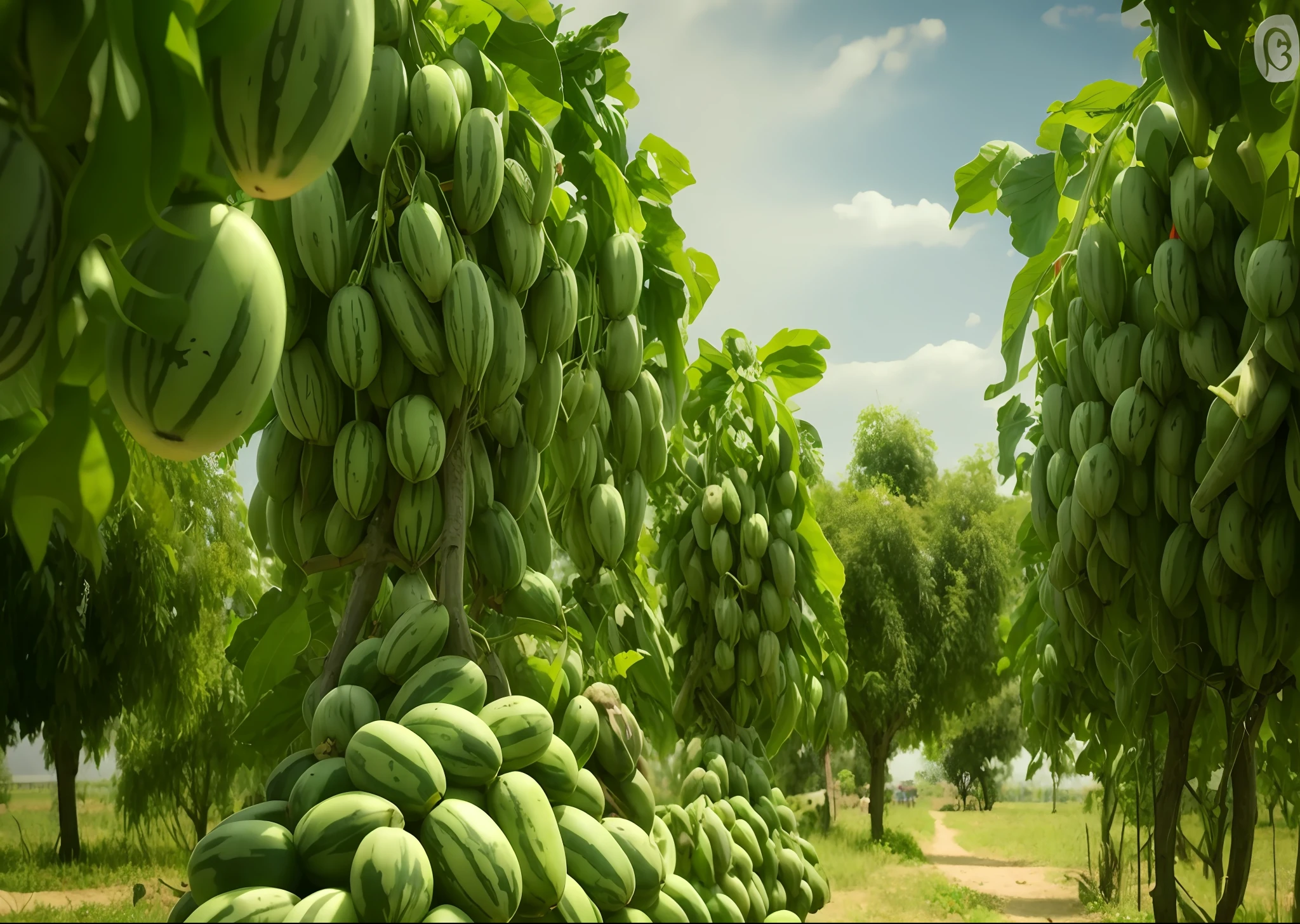 there are many green bananas hanging from the trees in the field, water melon, idyllic and fruitful land, fruit trees, watermeloncore, garden with fruits on trees, material is!!! water melon!!!, water melon, abundant fruition seeds, rows of lush crops, ❤🔥🍄🌪