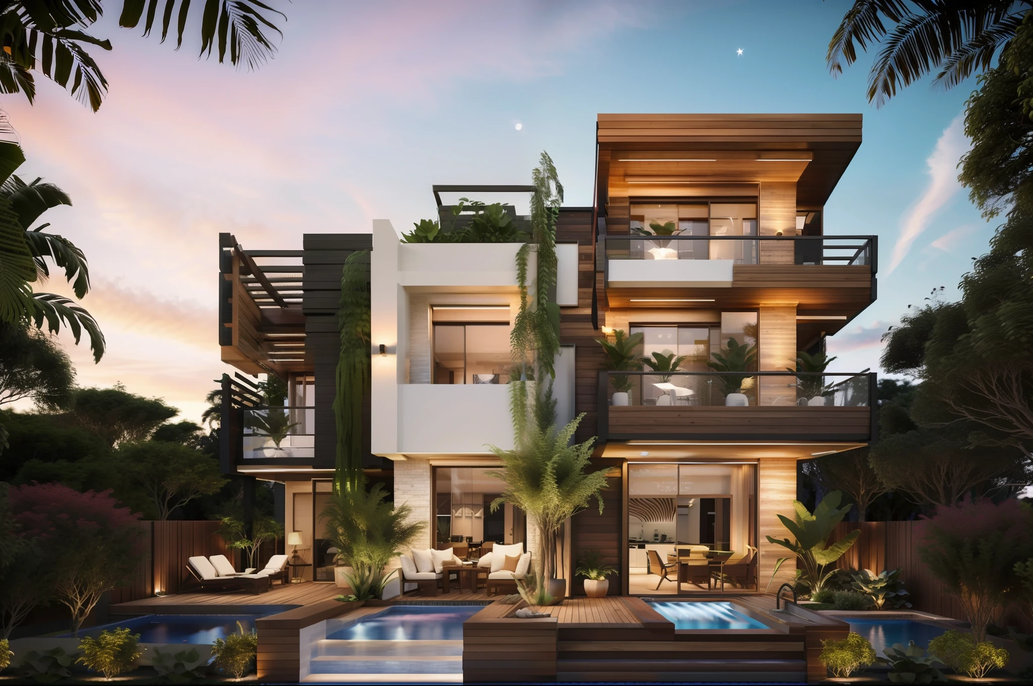 (obra-prima), (alta qualidade), melhor qualidade, real, (realista), super detalhado, (detalhe completo), 8k, ao ar livre, tree, senario, grama, heaven, dia, construction, janela, black bricks and wood, modern, sunset, lights, pool