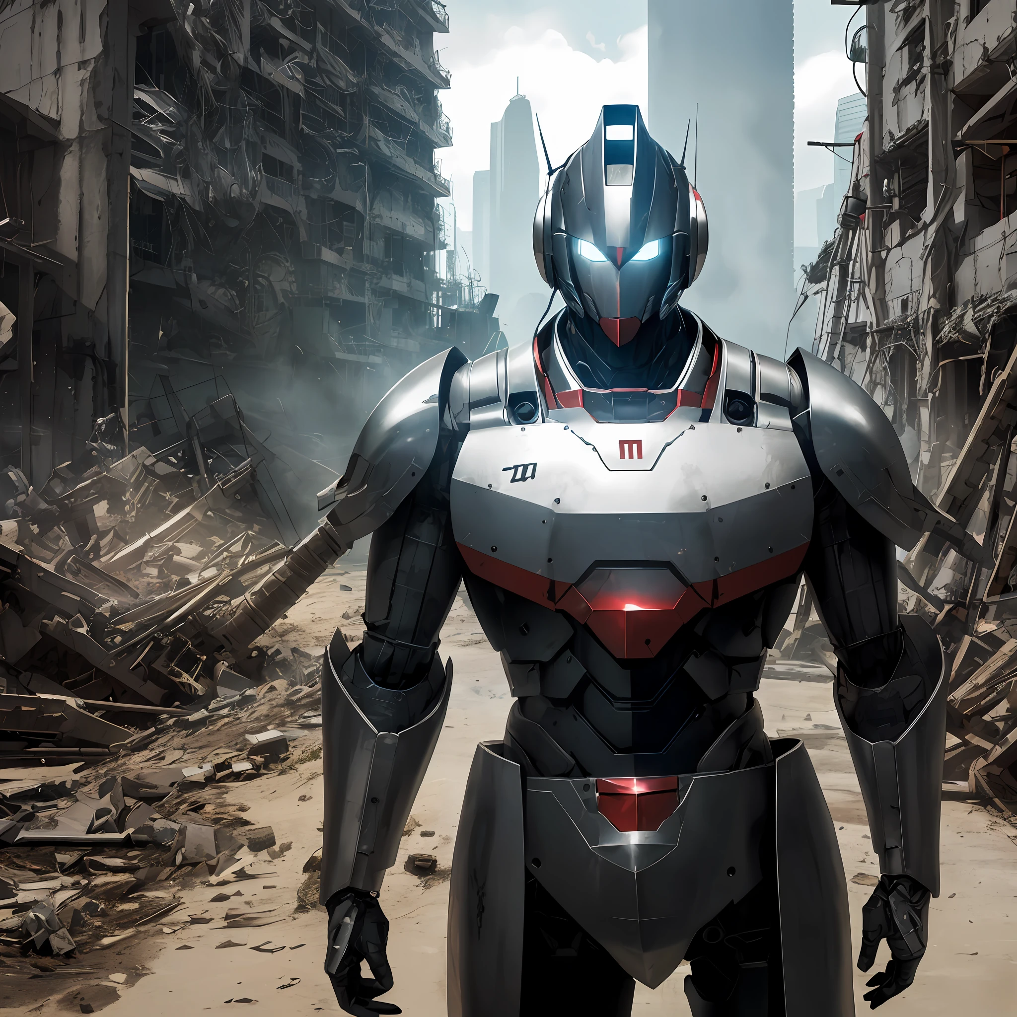0ORAISER photo,Professional RAW color photos,(Solo man stands in front of Mobile Suit),Up,Up to detail,machine armor,Cockpit,(Armor dress),armature,thrusters,Head unit,Jointl,city ruins,detail on the backdrop,sportrait,(Huge feeling)