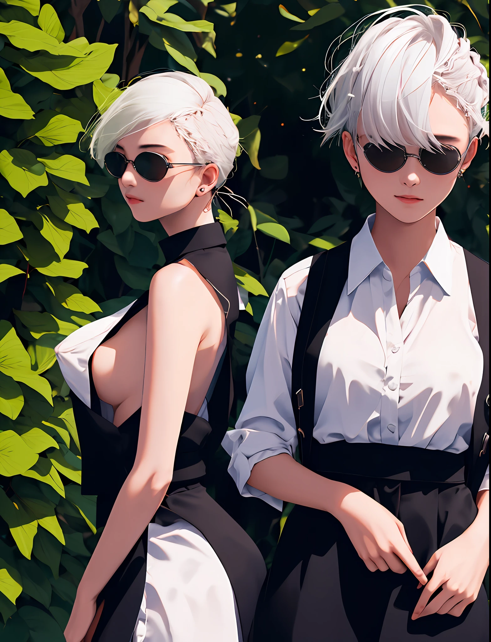 ((巨作)),(Best quality),(detailed ),(1girls), White hair, Green eyes, updo, White shirt vest, Black dress, Short hair to cover your eyes