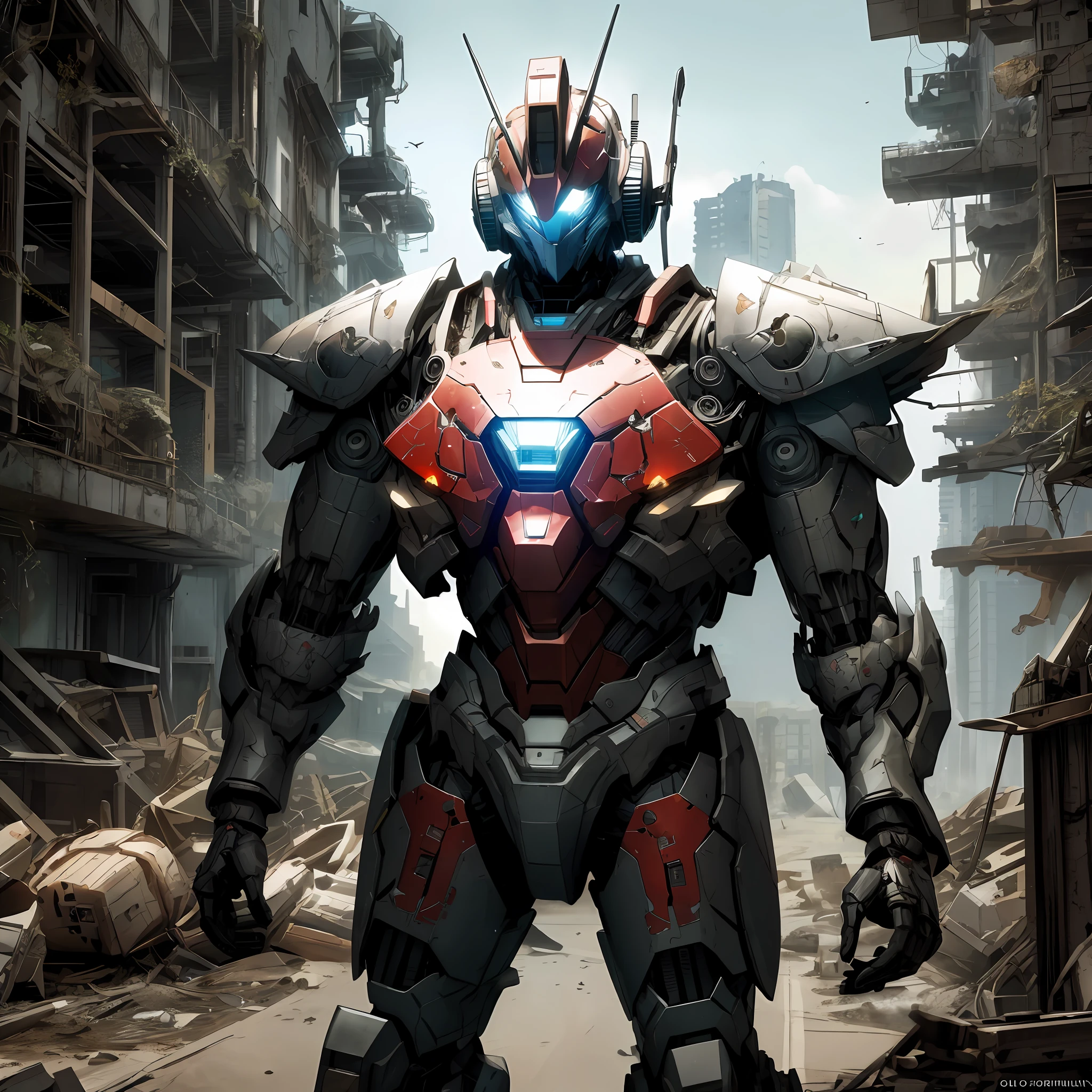 0ORAISER photo，Professional RAW color photos，（Solo man stands in front of Mobile Suit），Up，Up to detail，machine armor，Cockpit，（Armor dress），armature,thrusters,Head unit，Jointl，city ruins，detail on the backdrop，sportrait，（Huge feeling）