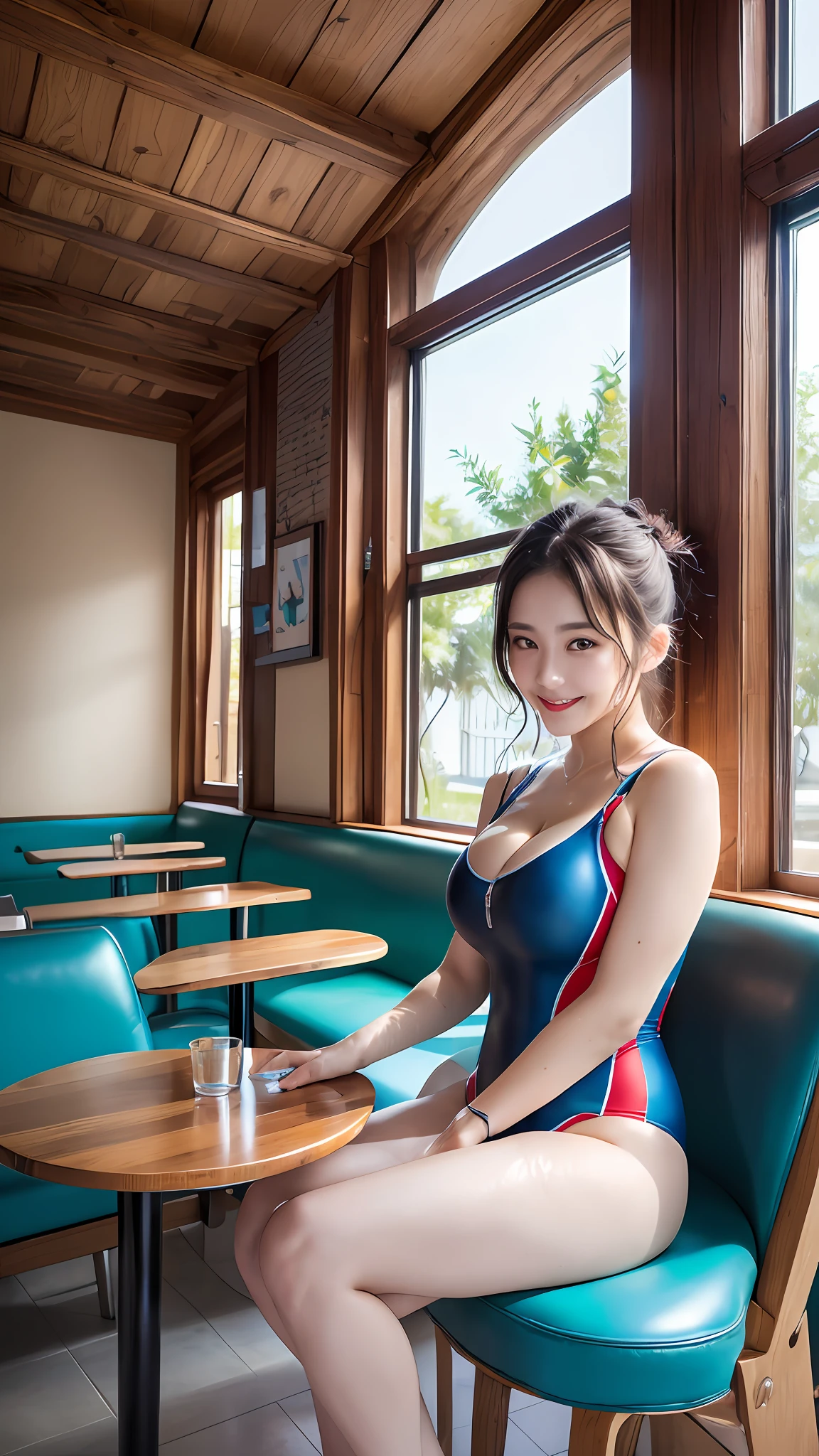 (8K, ultra-highres, Best Quality, Masterpiece:1.2),(18 yaers old:1.2)、(Dishonest laughter)、(looks away)、8K、RAW portrait of japanese girl、photorealestic、ultra-highres、beste Quality、 (gigant breasts, Cleavage:1.2),(swimming race suit :1.3)、(from below view:1.2)、sitting in chairs、Cross your arms、(Panchira:1.2)、(Luxury Cafe:1.4) Romper (natural skin textures、Detailed skin、Hyper-Realism、ultra sharpness)、with intricate details、Depth-of-field、Dim lighting、Korean Idol、Nogizaka Idol、hposing Gravure Idol、Actress、poses of fashion models、seas、Italian sea、Hawaiian Sea、cafes、restaurant