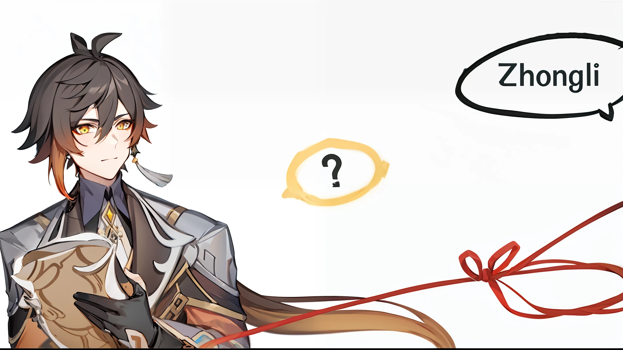 masterpiece, best quality, simple background, whole body, bangs, black_gloves, black_hair, brown_hair, gradient_hair, collared_shirt, earrings, eyebrows_visible_through_hair, formal, gloves, hair_between_eyes, holding, chinese_clothes, jacket, jewelry, long_hair, long_sleeves, male_focus, multicolored_hair, ponytail, single_earring, suit, tassel, tassel_earrings, whiskers, yellow_eyes, zhongli_\(genshin_impact\)