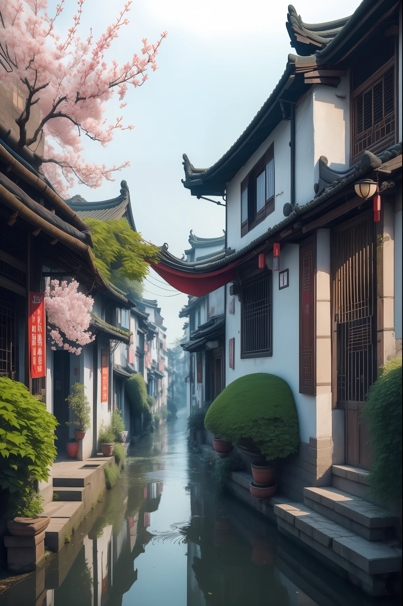 Jiangnan Ancient Town，Flowers grow on both sides of the road，Colorful，Very beautiful，A tranquil，Ultra-clear image quality，Ultra-high definition，Ultra-high resolution