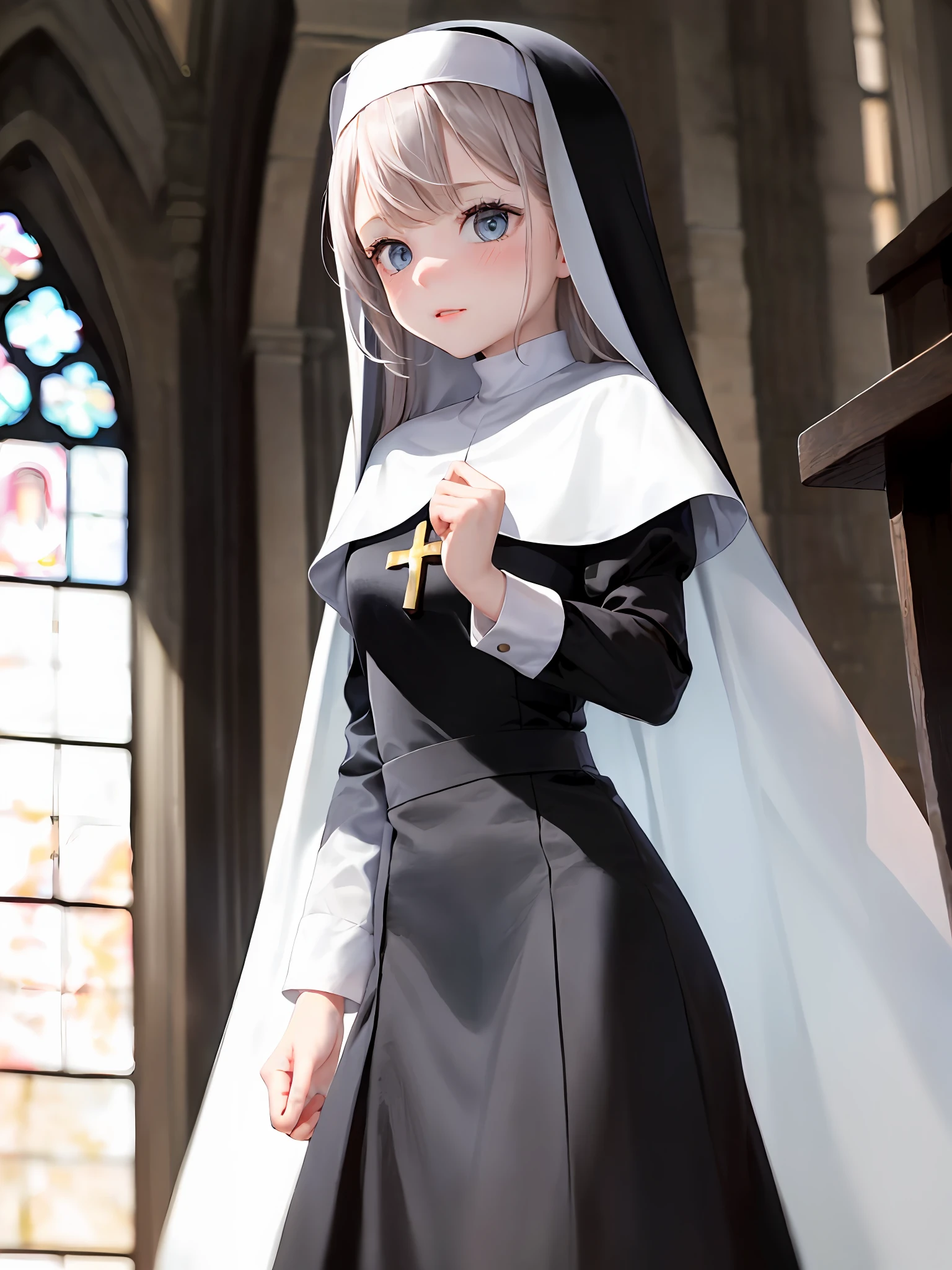 1girls, Single person，loli， (巨作:1.1), (Best quality:1.1),  break [Blue:pink:0.5] Theme, Cowboy shot,Cinematic light， Haut du corps，Positive perspective，silverhair，length hair，exquisite facial features，The Perfect Hand，Blue eyes, (Nun dress:1.2)，to stand，DOA，beckon，Church background，inside room，