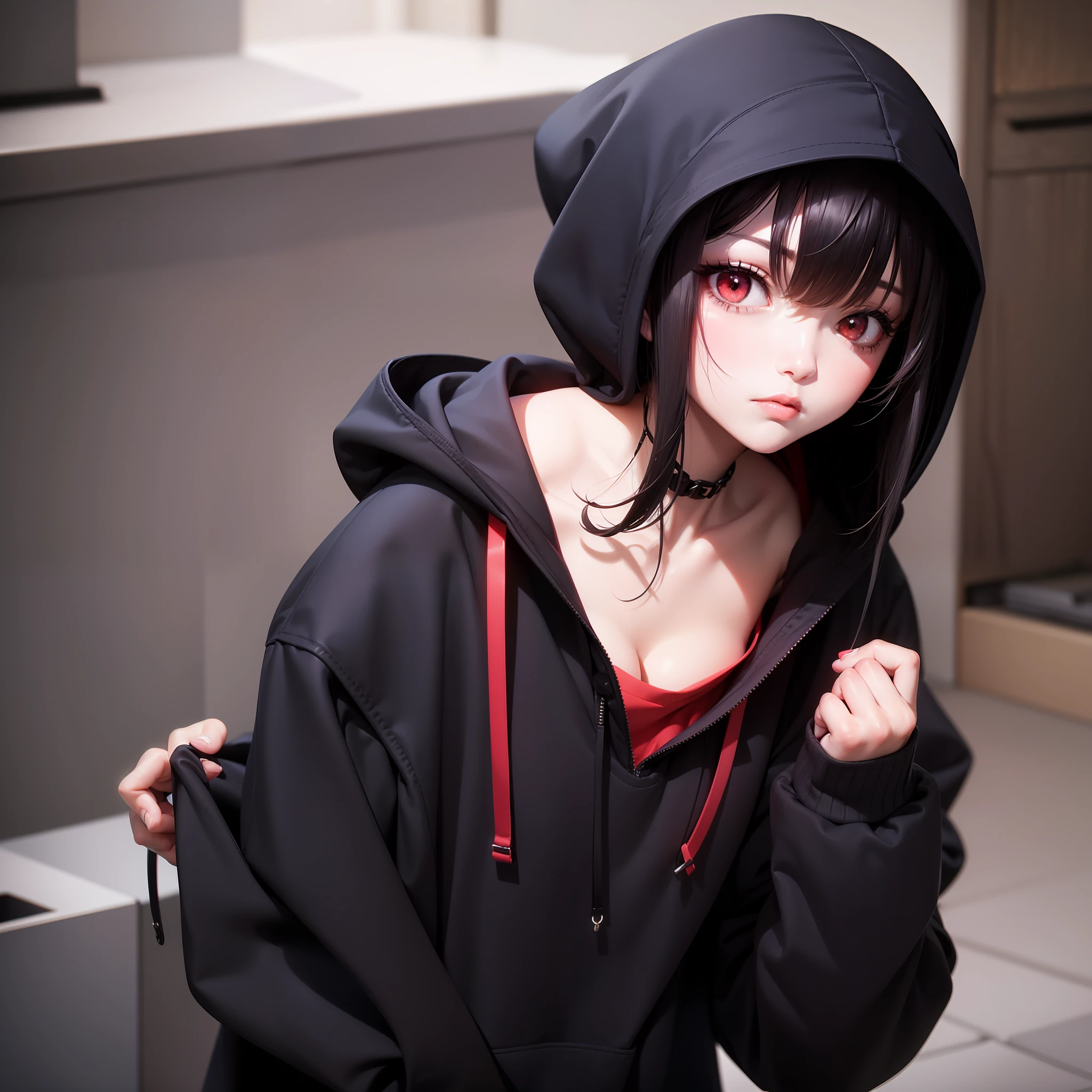 goth woman with a hoodie, black makeup, red eyes, black clothes, depressed