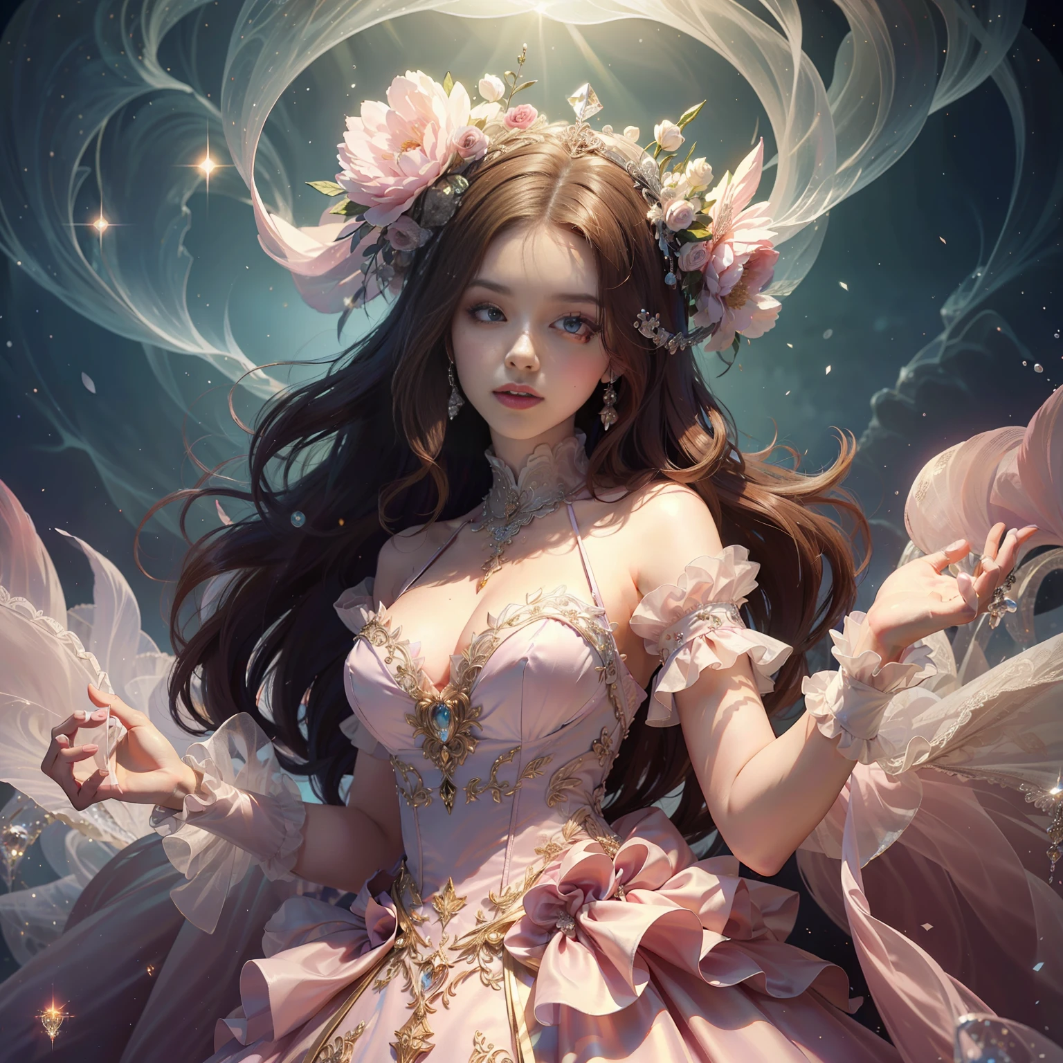 a day of the dead goddess wearing a majestic pink ball gown dress with rhinestones and tulle skirt, big beautiful dress, intricate puffy ball gown with lots of ruffles and rhinestones (Masterpiece, Top Quality, Best Quality, Official Art, Beautiful and Aesthetic: 1.2), (rococo) , Victorian), (1 Flower), Full Body, Extremely Detailed, (Fractal Art: 1.3), Colorful, Most Detailed
