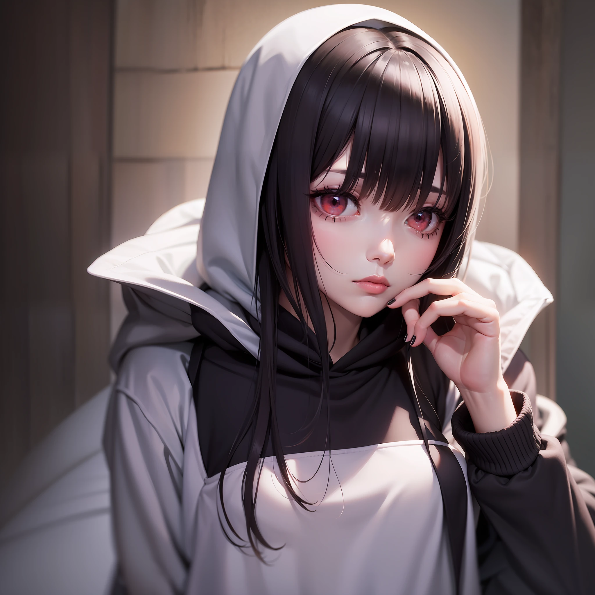 goth woman with a hoodie, black makeup, red eyes, black clothes, depressed