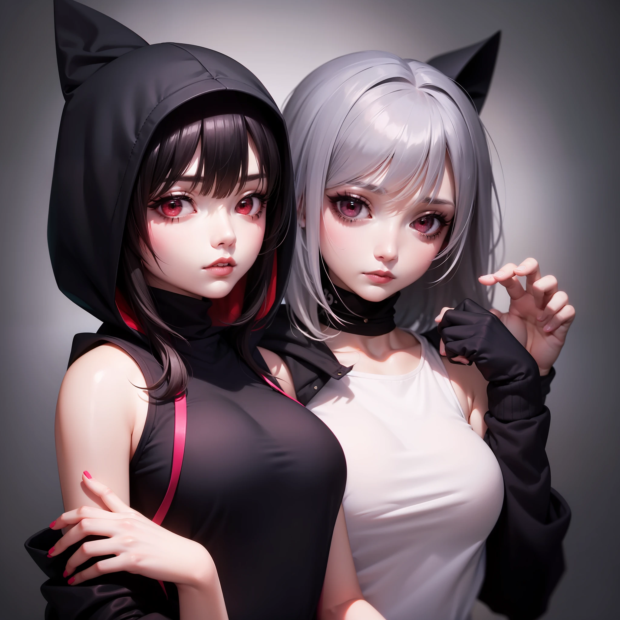 goth woman with a hoodie, black makeup, red eyes, black clothes, depressed