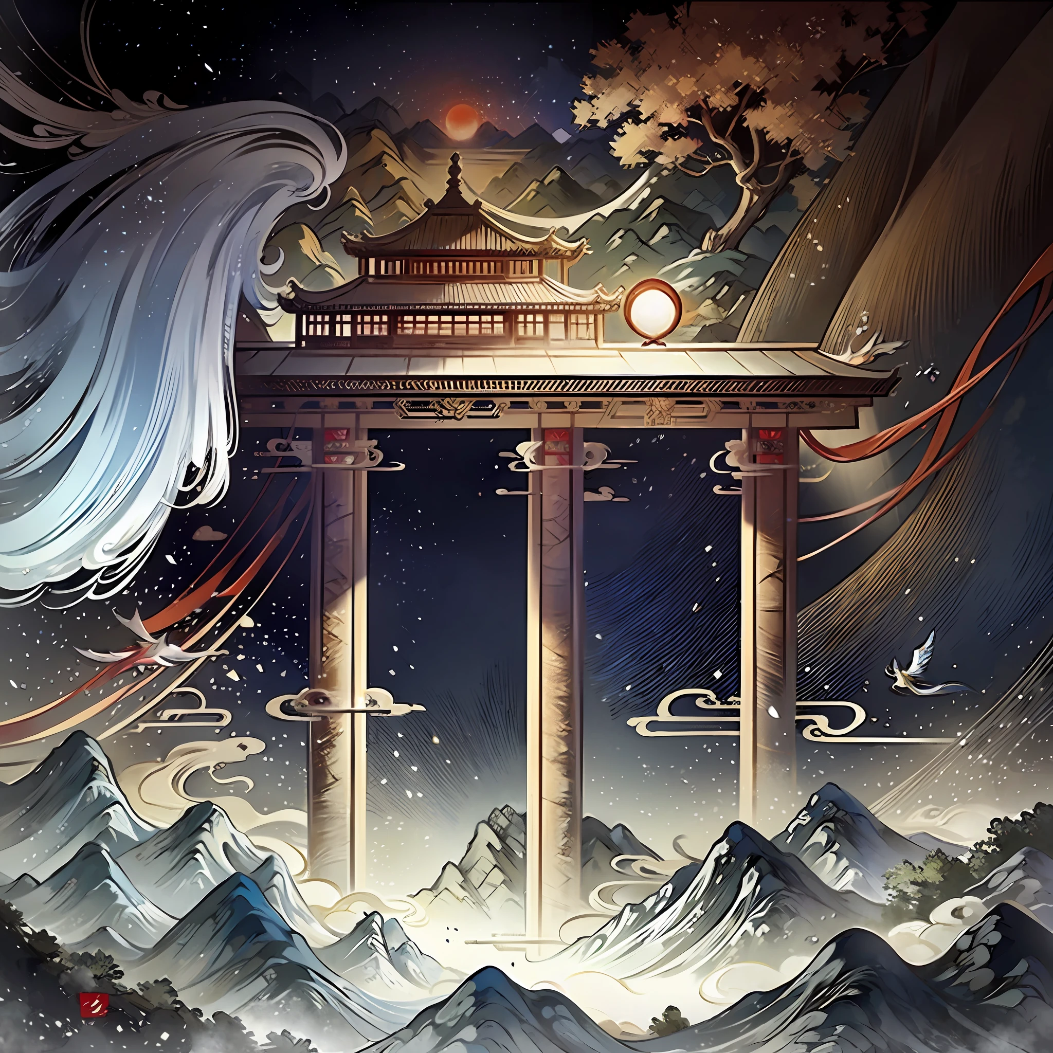 An ancient Chinese painting, ancient Chinese background, mountains, rivers, auspicious clouds, pavilions, sunshine, masterpieces, super detail, epic composition, ultra HD, high quality, extremely detailed, official art, unified 8k wallpaper, Super detail, 32k -- v 6