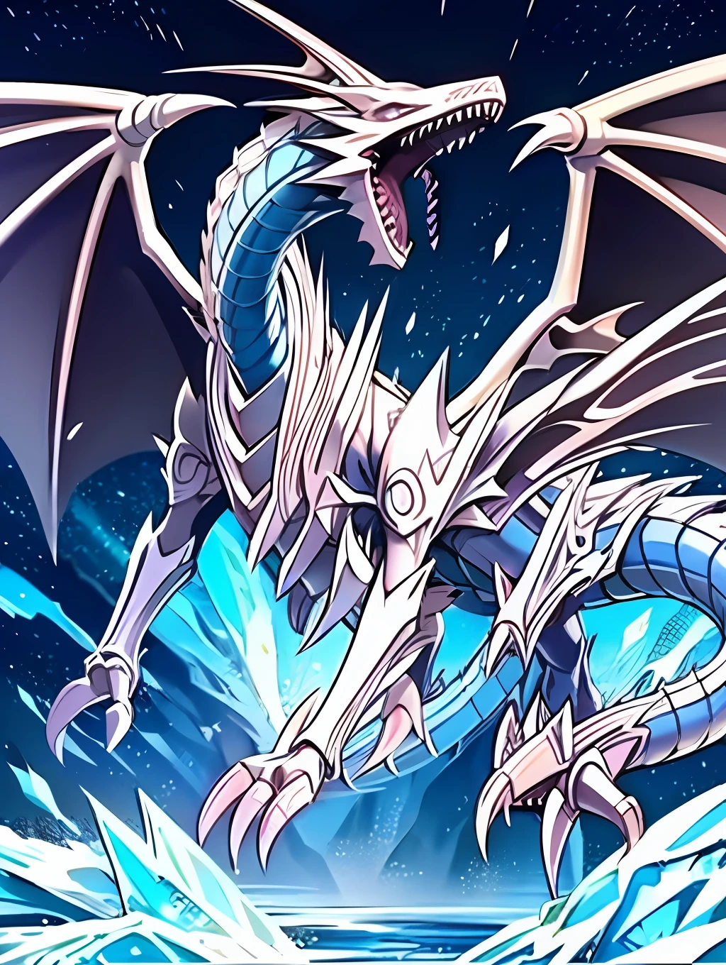 (Close-up of a dragon with a very large body and wings),((A huge dragon head)),blue eyes white dragon,Crystal light,Giant dragon as background,Silver ice reflective armor,Legendary Dragon,Ice crystal armor,Blue scales,Yugioh artwork,Godrays digital painting,Master of Ice,ultra-clear,8K