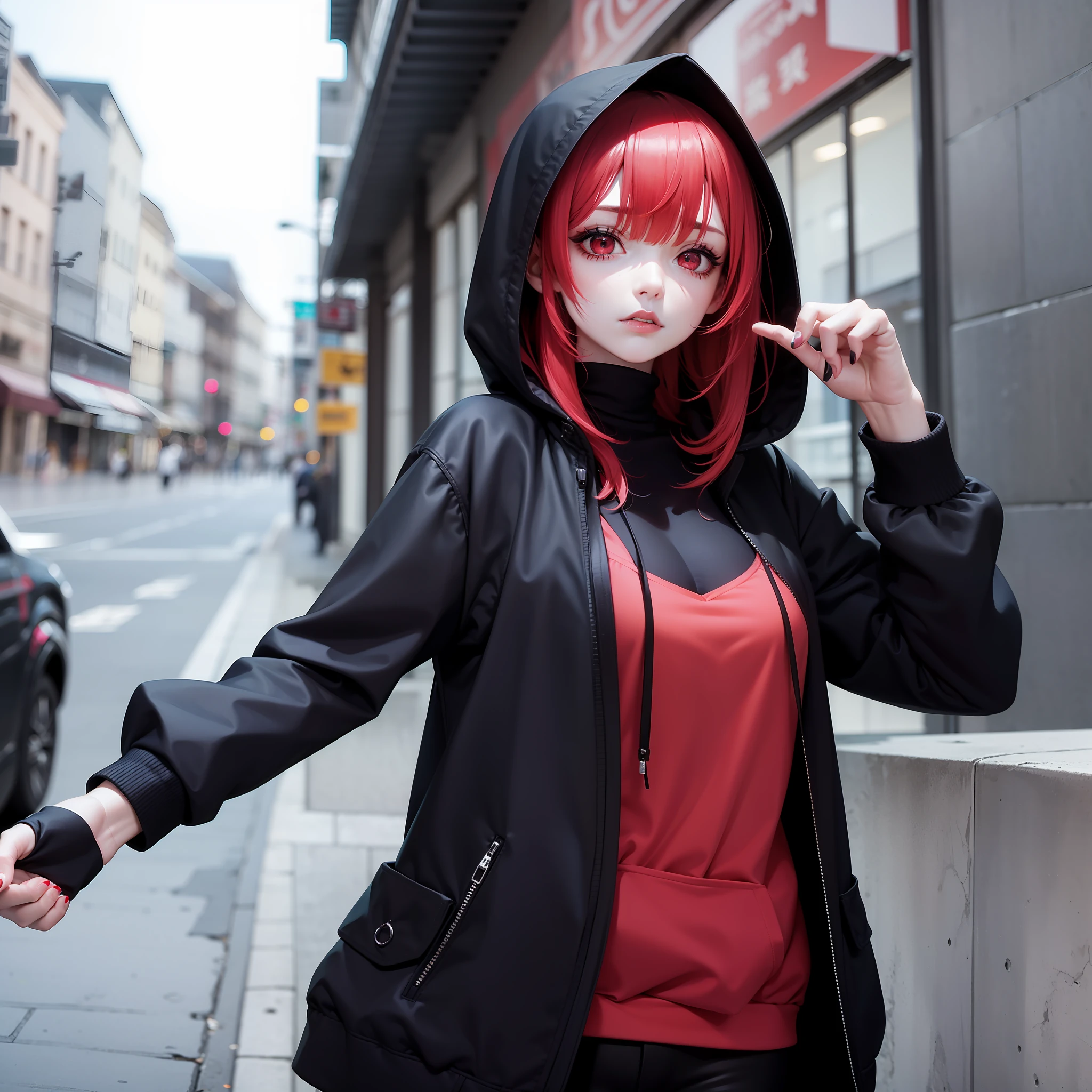 goth woman with a hoodie, black makeup, red eyes, black clothes, depressed