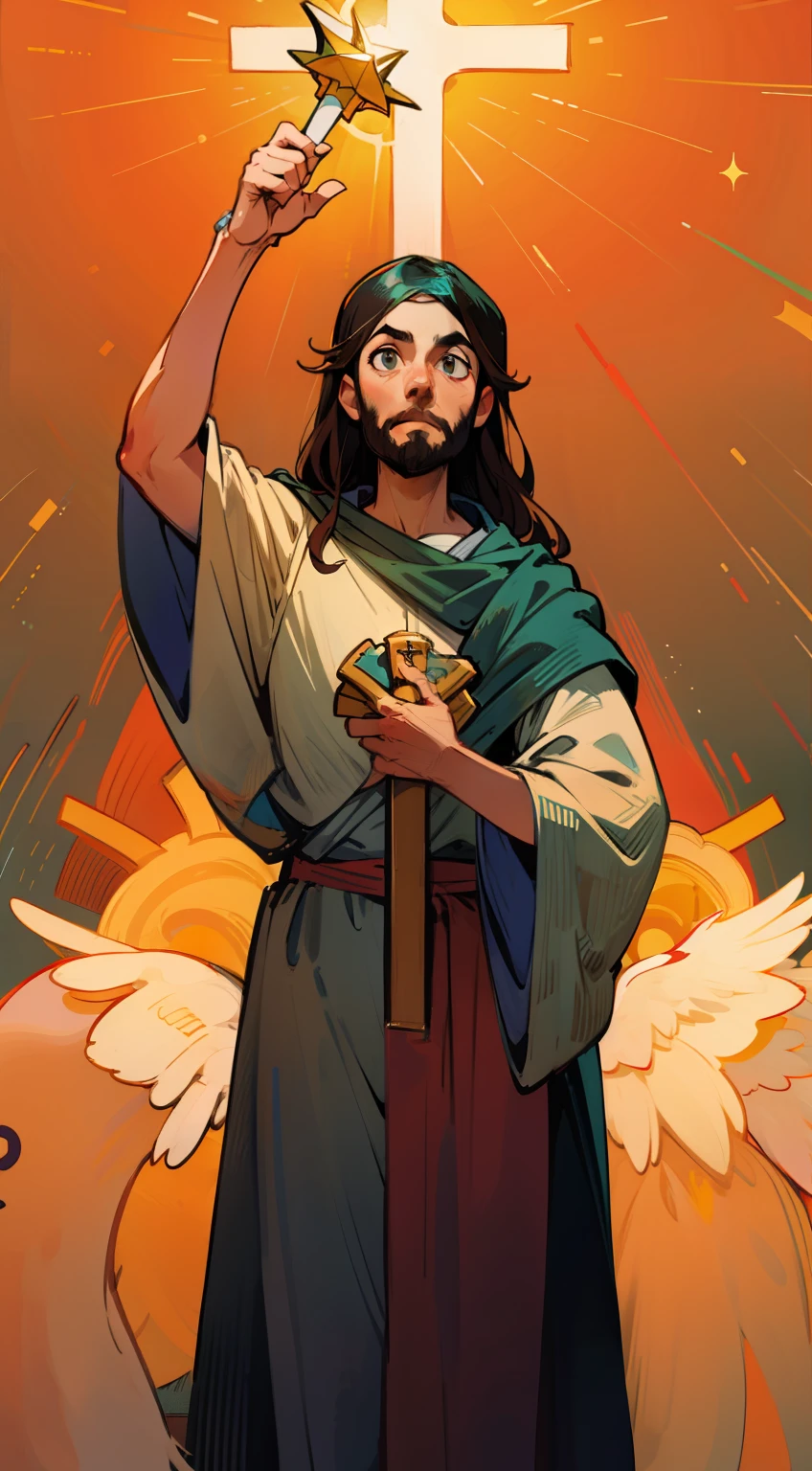 Jesus segurando uma cruz brilhante