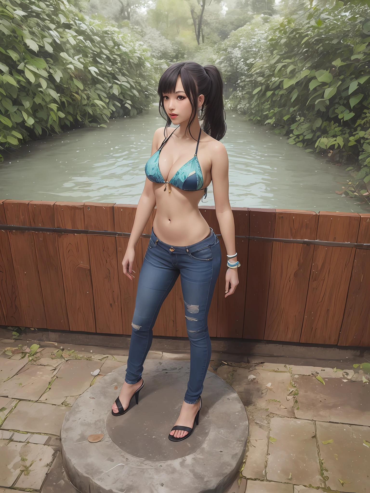 Beautie, Low-rise jeans, bikini top、High heel、a beautifulchi girl, ponie tail, Full body, highly detailed full body, , Highly detailed body,
