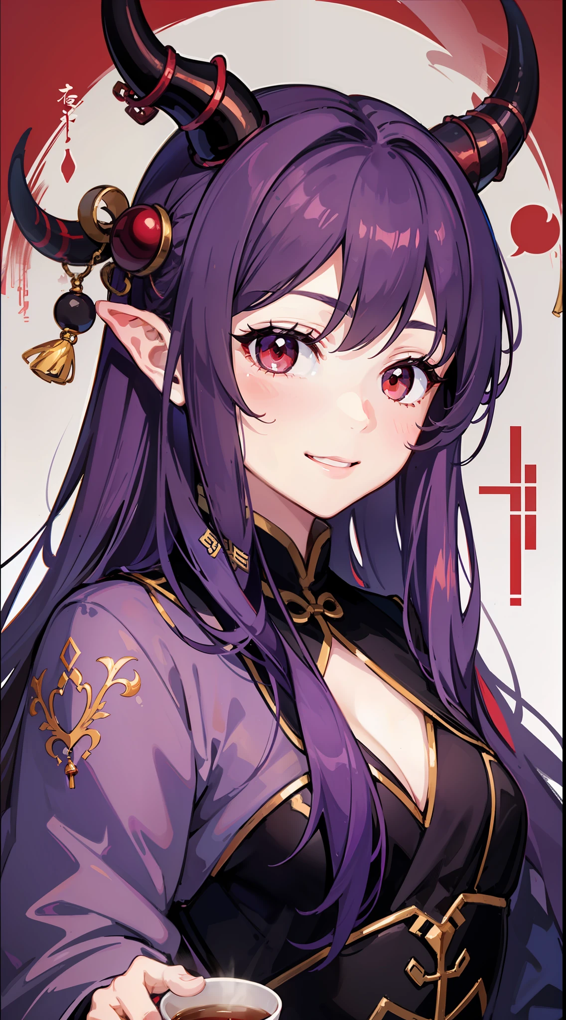 young girl, long purple hair, red eyes, Pale, rich Chinese fur coat, Horns, a smile, tea, 巨作, high qulity
