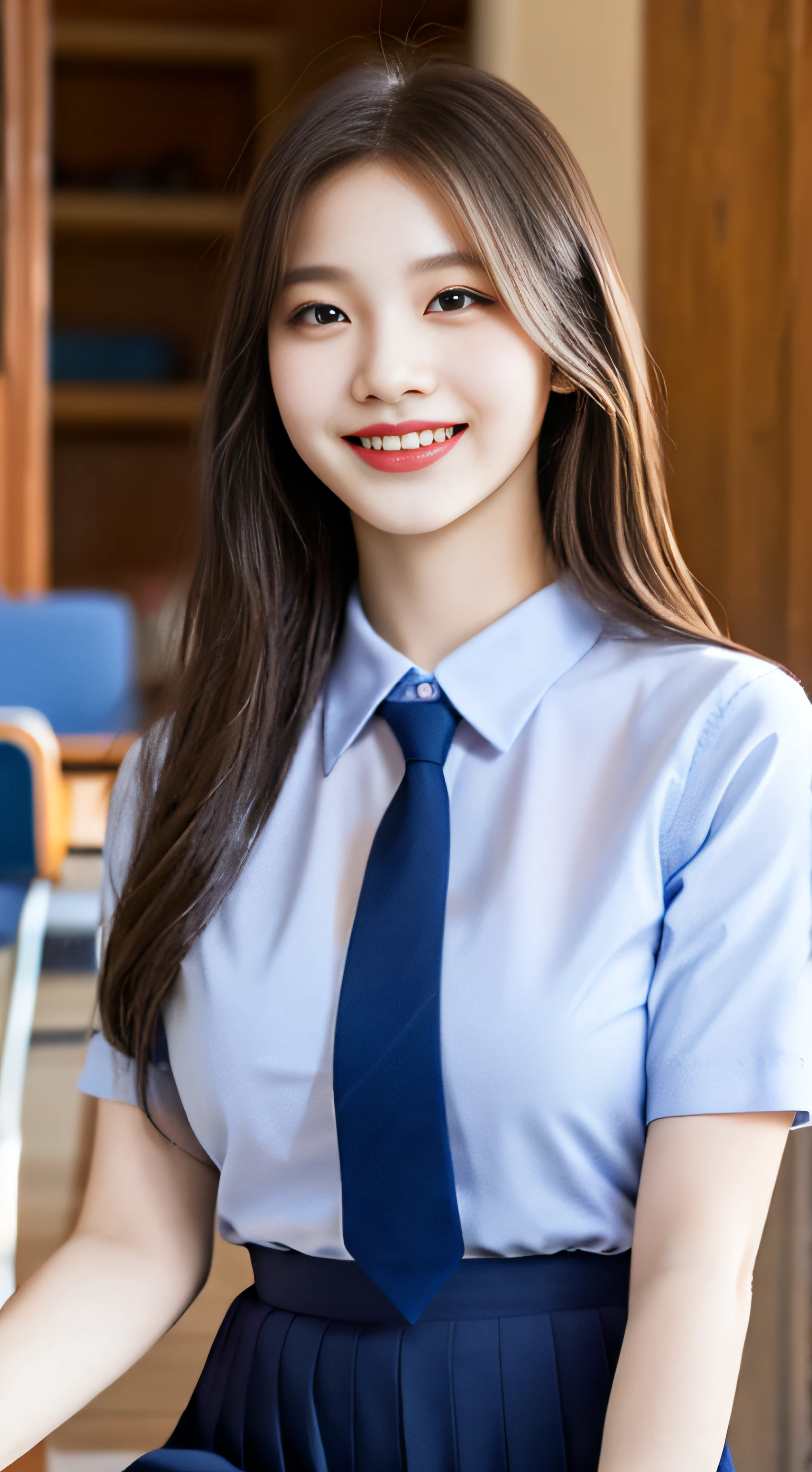 Highly detailed 8k wallpaper), sharp focus, detailed, dramatic, , delicate and beautiful schoolgirl, sheer white shirt, tie, dark blue pleated micro mini, pink lingerie, sexy, smiling, peeping at the viewer, graphics beautiful, bright school building, full of students, sit,