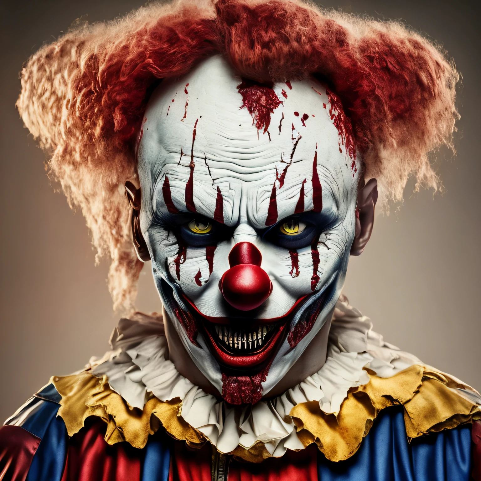 A gruesome image showcasing an evil clown covered in blood, their costume torn and stained, hinting at the violence and horror they have unleashed, Ultra realism, color field printing, high detail, UHD, 8k, anatomically correct, cinematic lighting 4d quality --auto