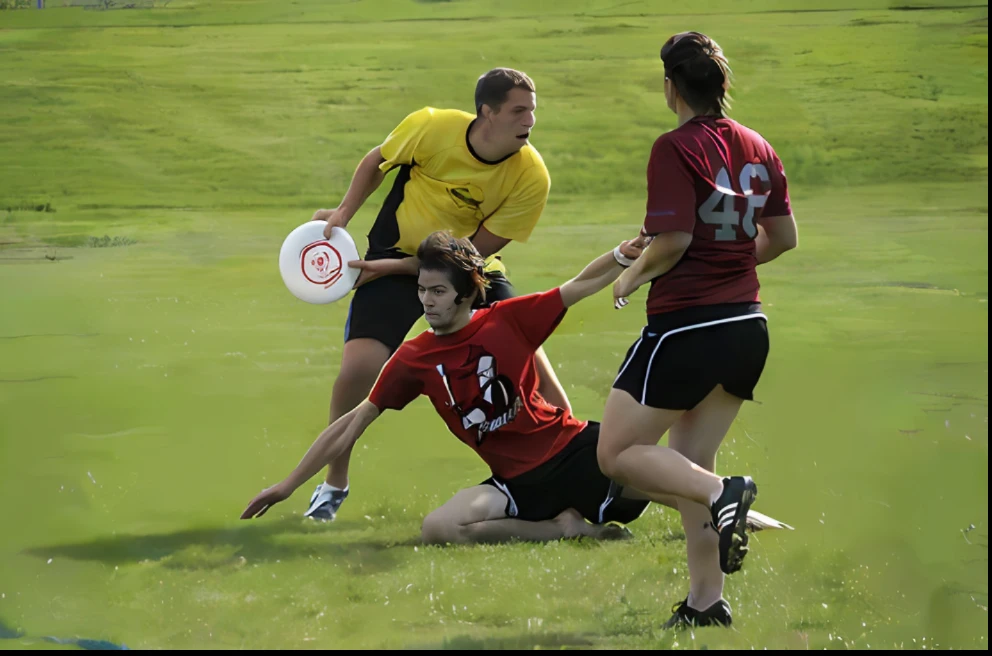 they are playing frisbee in a field with a man on the ground, action shot, file photo, high res photo, camaraderie, mid air shot, over-shoulder shot, dynamic action shot, action shots, barefoot man, centered shot, greg rutwoski, dramatic action shot, hi-res photo,