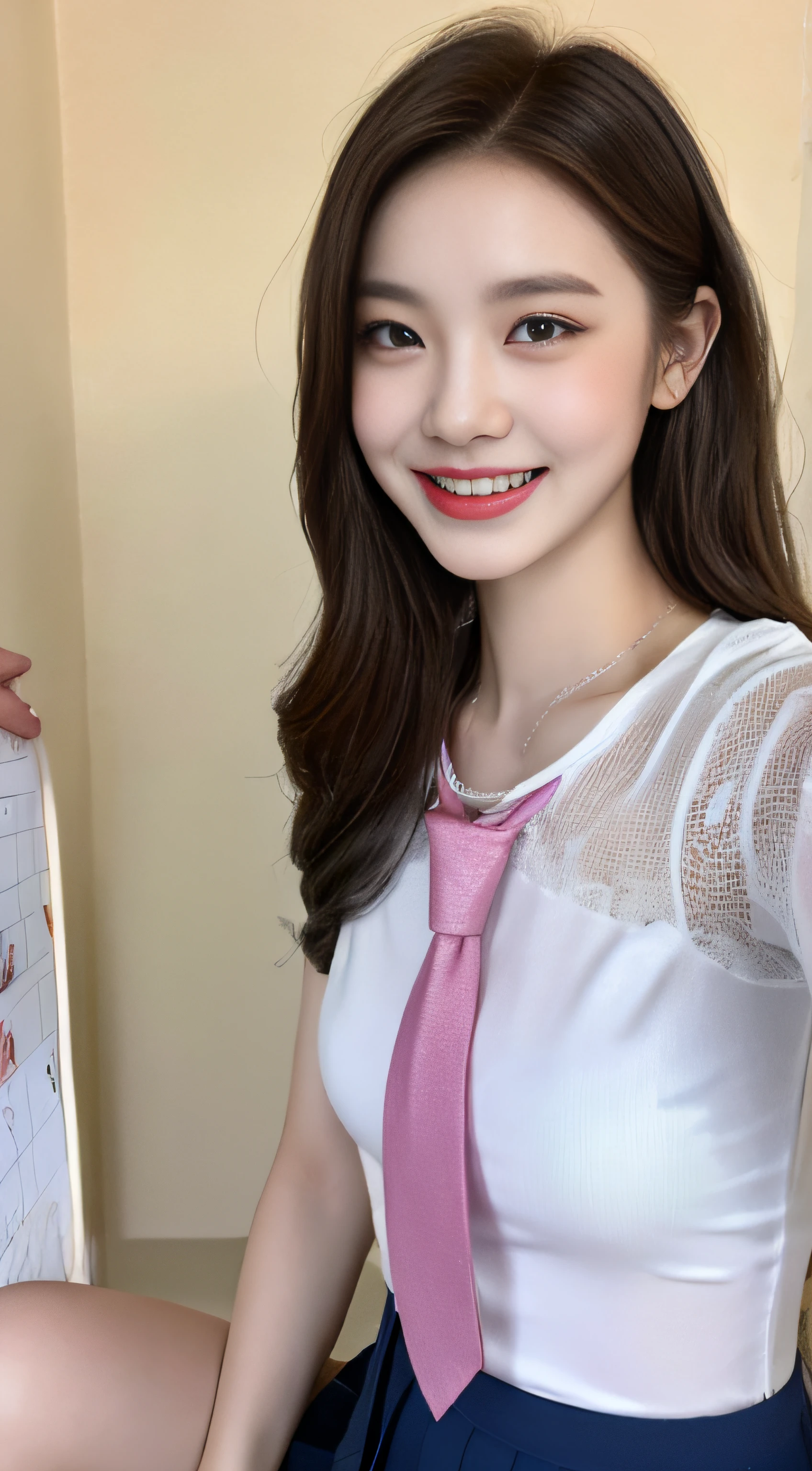 Highly detailed 8k wallpaper), sharp focus, detailed, dramatic, 15 years old, delicate and beautiful schoolgirl, sheer white shirt, tie, dark blue pleated micro mini, pink lingerie, sexy, smiling, peeping at the viewer, graphics beautiful, bright school building, full of students, sit,
