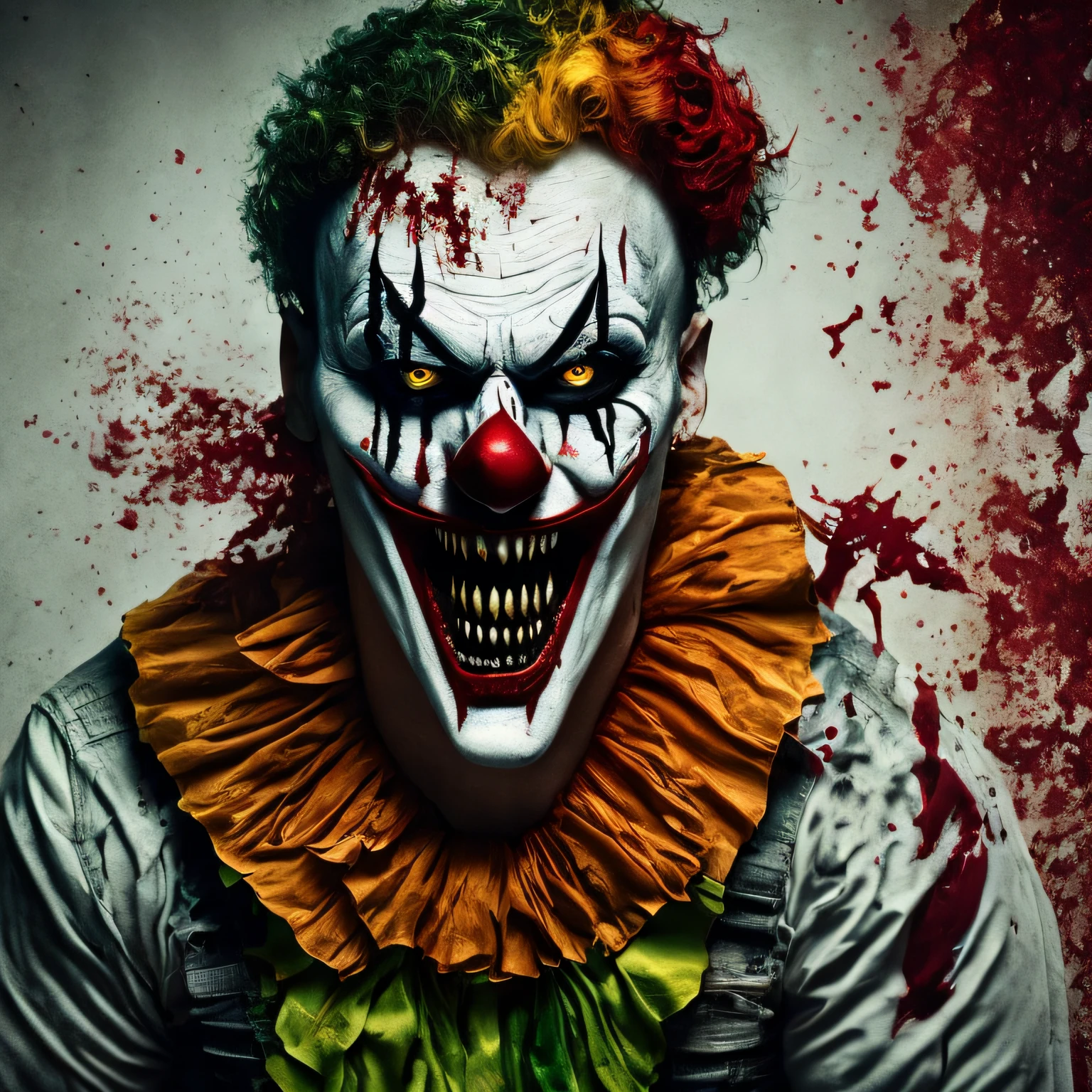 A gruesome image showcasing an evil clown covered in blood, their costume torn and stained, hinting at the violence and horror they have unleashed, Ultra realism, color field printing, high detail, UHD, 8k, anatomically correct, cinematic lighting 4d quality --auto