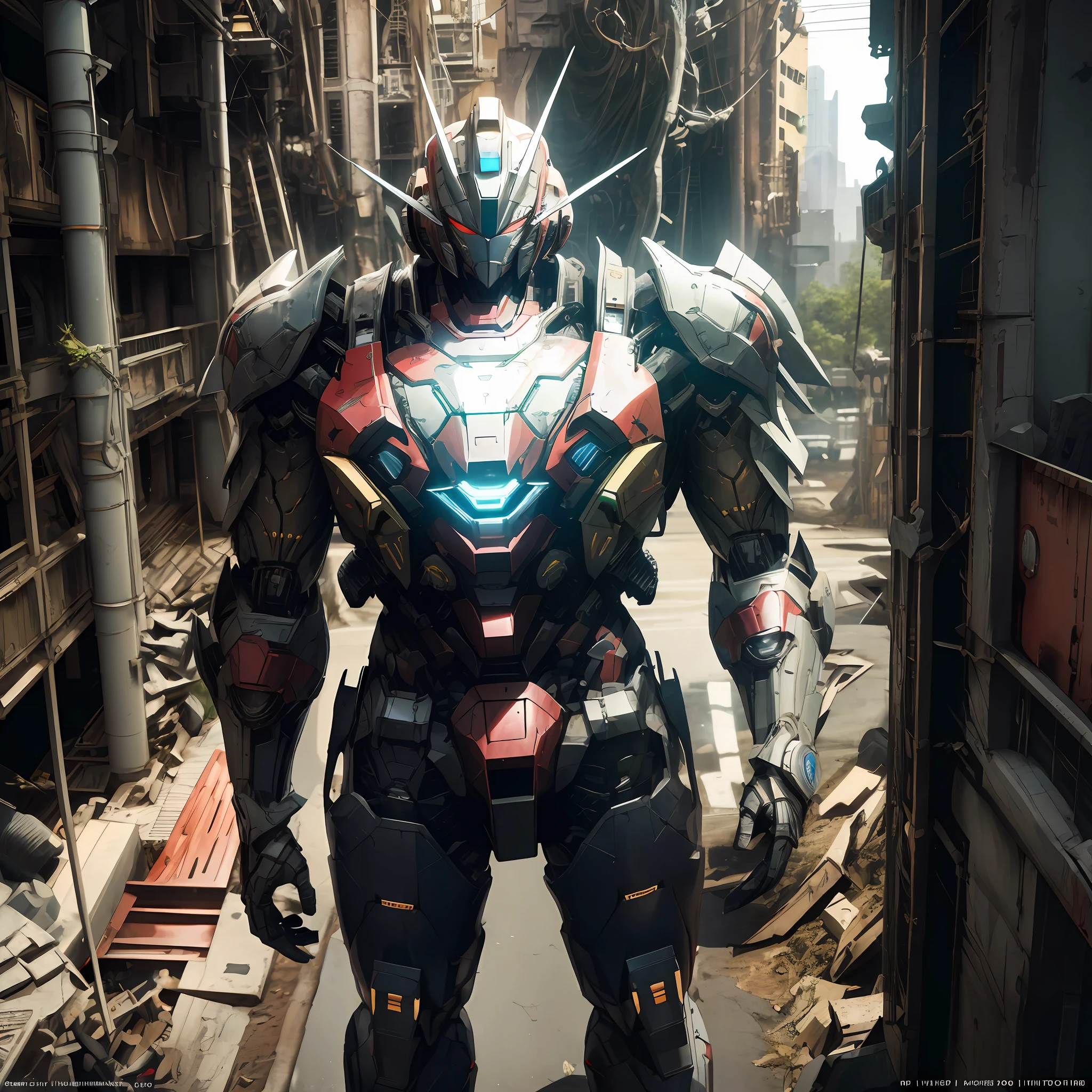 0ORAISER photo，Professional RAW color photos，（Solo man stands in front of Mobile Suit），Up，Up to detail，machine armor，Cockpit，（Armor dress），armature,thrusters,Head unit，Jointl，city ruins，detail on the backdrop，sportrait，（Huge feeling）
