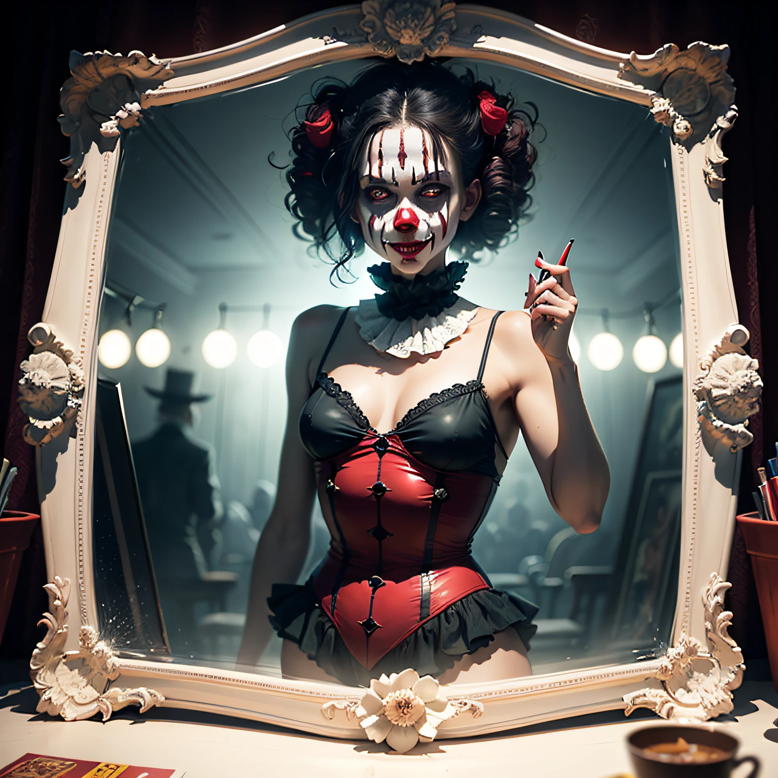 Haunted Circus Mirror	 An image featuring an evil clown's reflection in a cracked and distorted circus mirror, distorting their appearance and creating an unsettling and surreal visual, Ultra realism, color field printing, high detail, UHD, 8k, anatomically correct, cinematic lighting 4d quality --auto