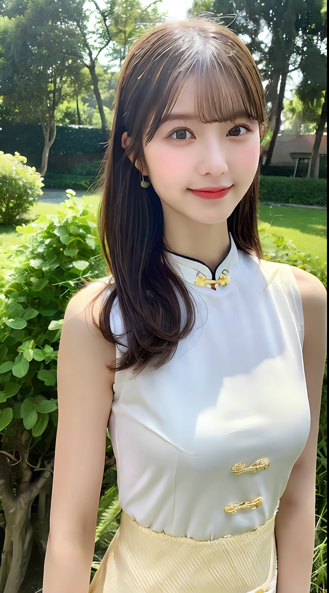 ((Best Picture Quality, 8K, nmasterpiece:1.3)), 1girls, Whole human body,Beautiful woman with slender abs:1.3, (Casual hairstyle, No leakage of big breasts:1.2)1.1, Ultra-fine face, detailed eye, 双眼皮,Smile with, Best quality, Top quality, ultra-high-resolution, 1girls, Elaborate Eyes,Exquisite background, Perfect skin(Skin of natural color),Slim,Model figure,Absurde,Very fine,Golden edge of rice paddies,Cutes,beatifull,double ponytails,on cheongsam,Chinese cheongsam,silk stockingsa,