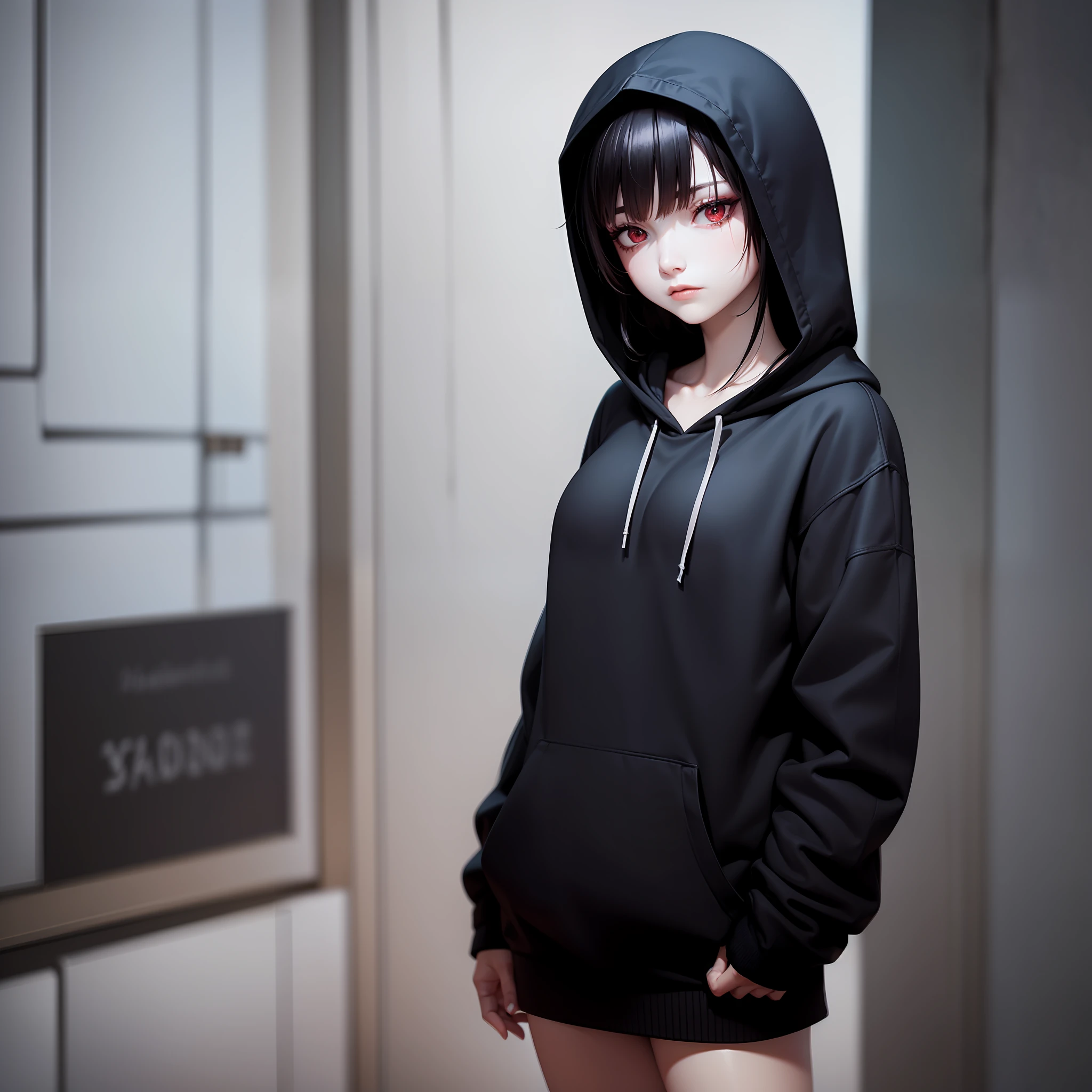 goth woman with a hoodie, black makeup, red eyes, black clothes, depressed