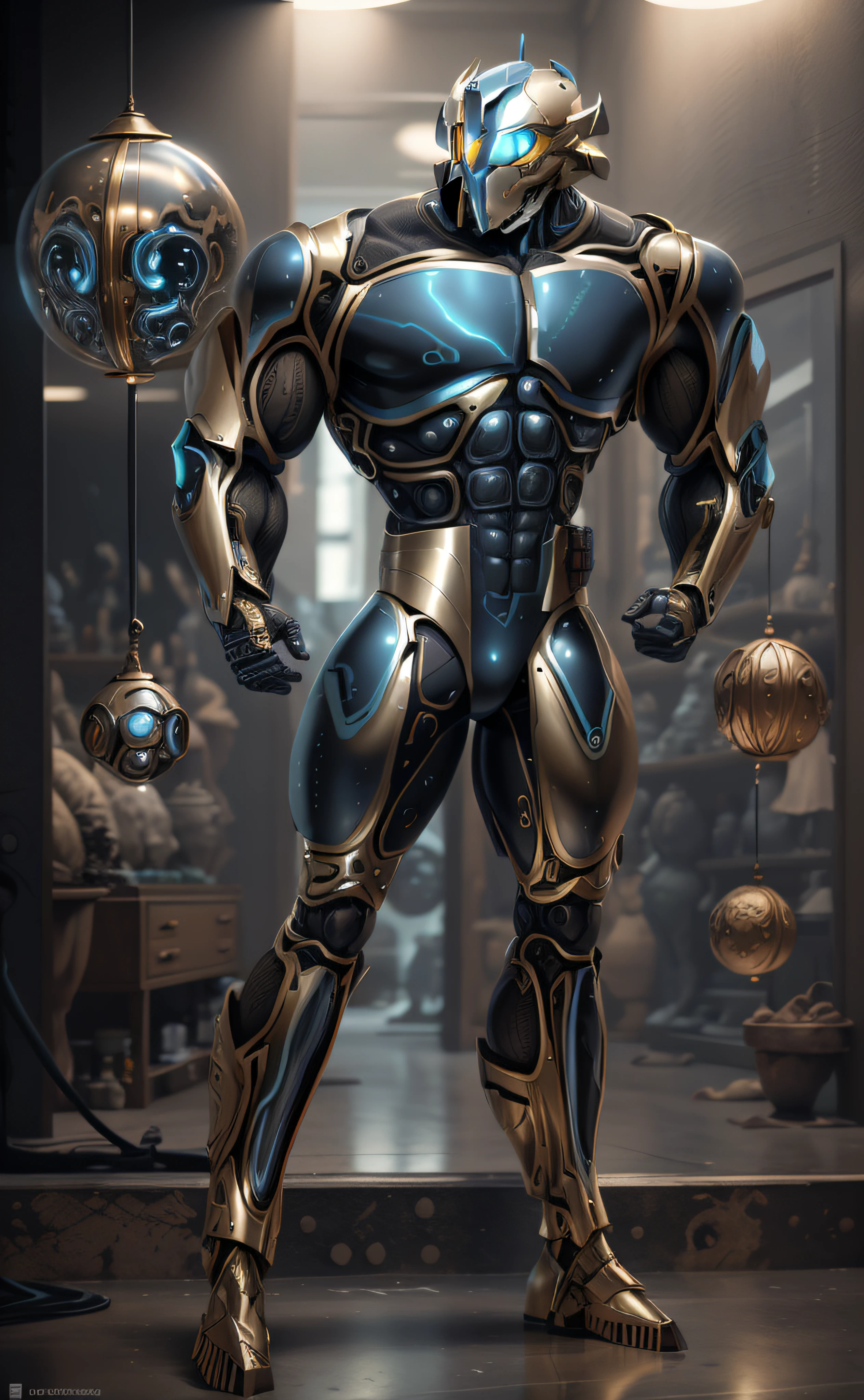 uma imagem de desenho animado de um homem com um corpo azul e um capacete, este personagem tem criocinese, cybernetic body, armadura brilhante elegante, Armadura refletida da cor do gelo da lasca, Corpo ciborgue, musculoso!! sci fi, silver cyber armor, coberto com armadura de prata completa, inspirado por Rob Liefeld, cyber fight armor, diamond plated superhero