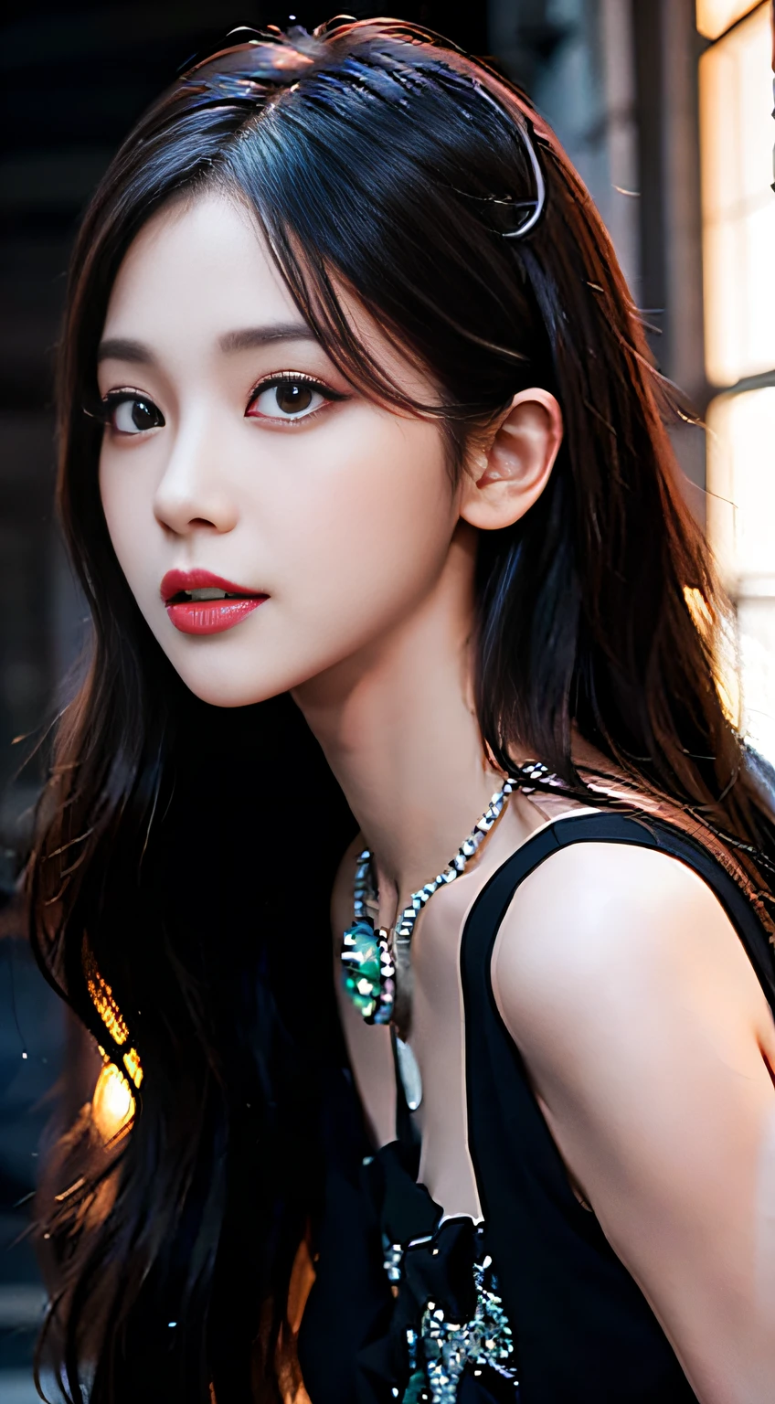 Masterpiece, best picture quality, high quality, beautiful woman, Japanese, popular Korean makeup, detailed, swollen eyes, detailed eyes, detailed skin, beautiful skin, ultra high resolution, (reality: 1.4),very beautiful, slightly younger face, beautiful skin, slender, (ultra realistic), (illustration), (high resolution), (8K), (very detailed) (best illustration), (beautifully detailed eyes), (super detailed), (wallpaper), (detailed face), looking at viewer, fine detail, detailed face, pureerosfaceace_v1, smiling, looking straight ahead, looking straight ahead, angle from waist up, realistic photo, bright lighting, professional lighting, black hair (some green), long hair, dark ruins, big red moon, gorgeous red and black dress, mature woman, long stylish bangs,
