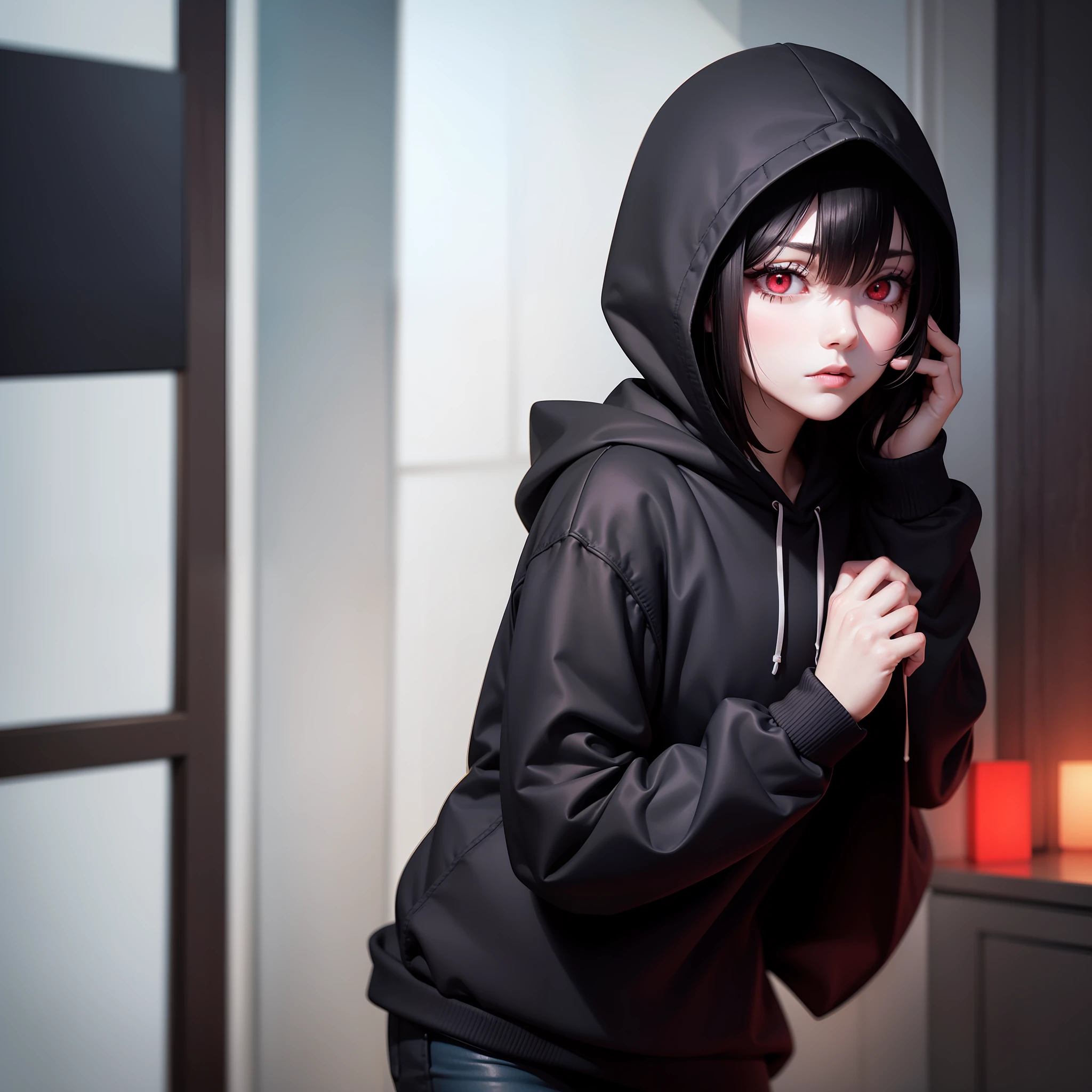 goth woman with a hoodie, black makeup, red eyes, black clothes, depressed