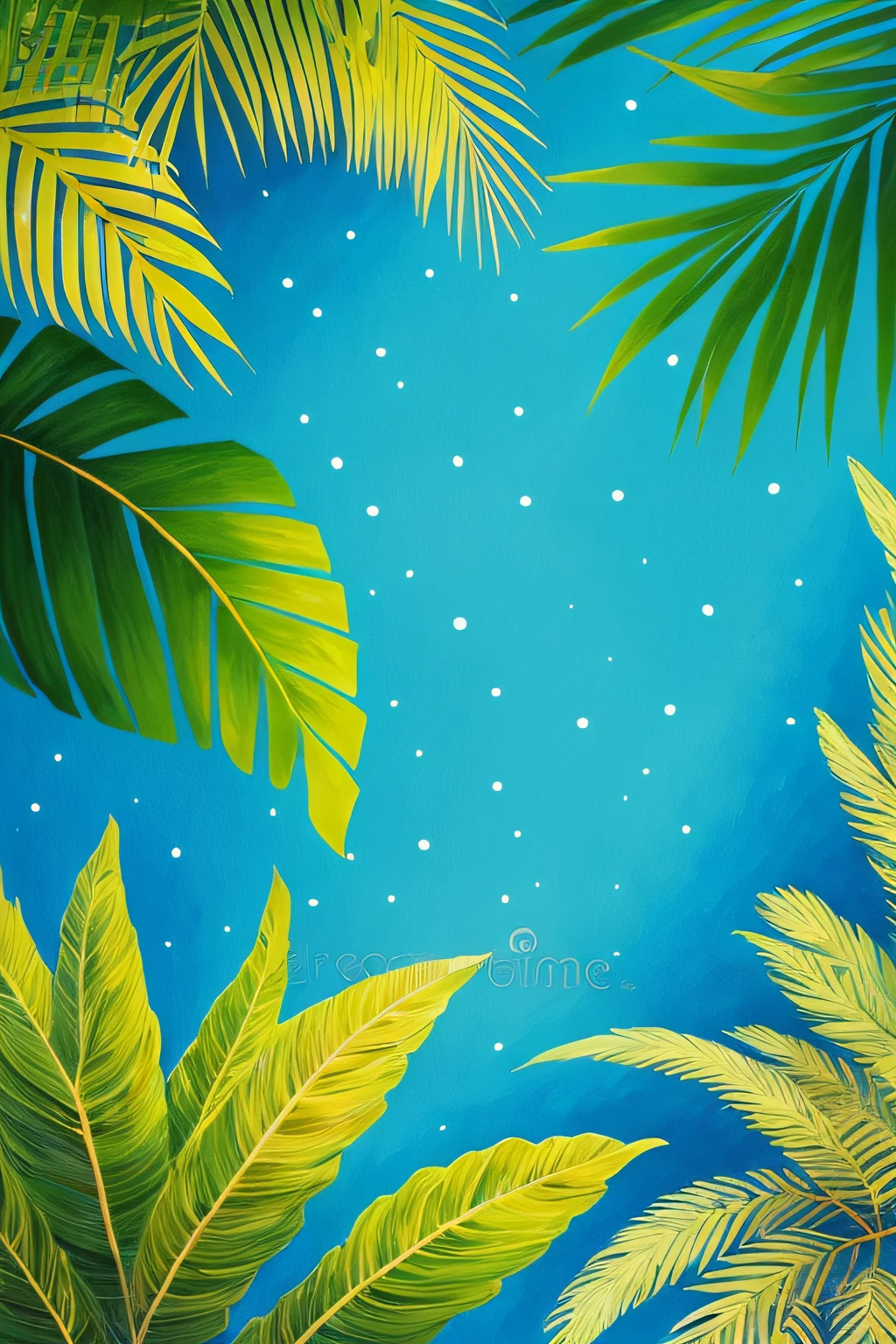 A variety of tropical plants，Blue as the base，There are coconut leaves（Tropical plants flowing），naturey，rich colour，Hand drawing illustration，cute digital painting，16k，Pointillism，concept-art，mixing，8K，super detaill，high detailes，ccurate --aut --auto