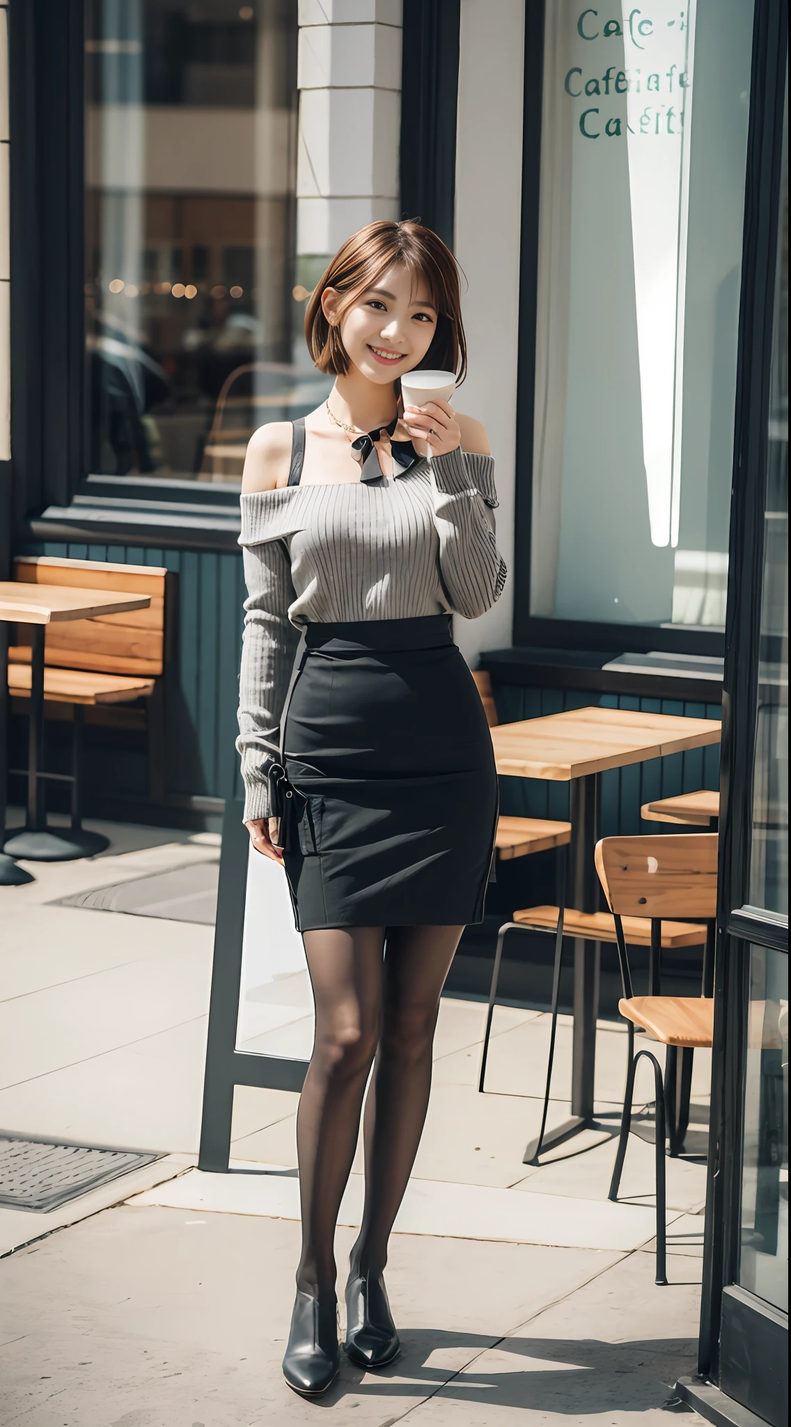 8k uhd, dslr,film grain, Fujifilm XT3,(best quality:1.3), (masterpiece:1.1), high resolution, cinematic light, intricate details, (photorealistic),outside,beautiful outside,sunny,
korean girl,(in cafe:1.5) , dimples, bobcut, looking at viewer, detailed trees, ribbons, bowties, bare shoulders, ribbed sweater,
pencil skirt, high-waist skirt, head rest, sitting, indoors,
necklace,black pantyhose, sheet transportation sweater, (smile),(full body:1.6),slender,