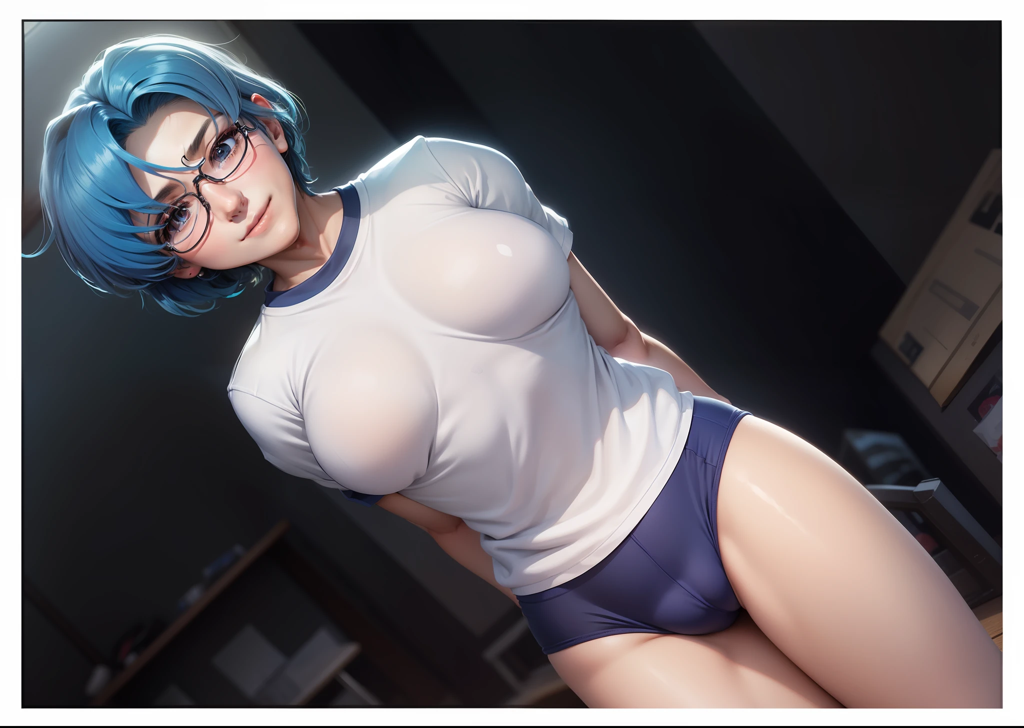 Blue haired anime boy poses for camera, Ecchi Anime Style,, Enchanting anime boy, Anime style, Men with short blue hair, beautiful alluring anime teen, Realistic Boys, 2 d anime style、Exposed legs、whiteshirt、gym shirt、Tshirts、Short sleeve、Blue bloomers、Wearing blue bloomers、White gym shirt、blancheTshirts、smile on face、young teenager、Beautiful Boy、Removing glasses