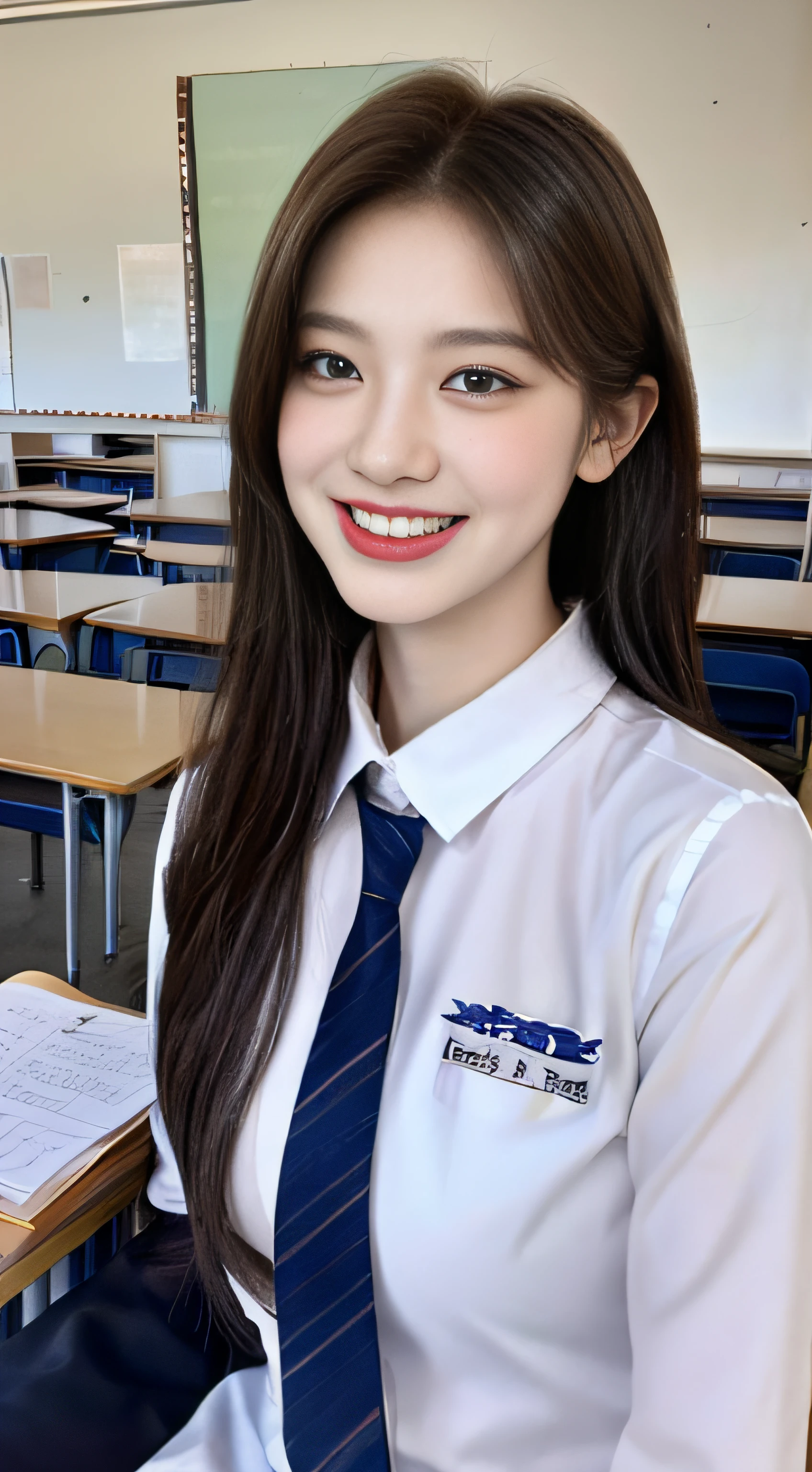 Highly detailed 8k wallpaper), Sharp focus, detailed , Dramatic, 15 years old, Delicate and beautiful schoolgirl, Sheer white shirt, tie, dark blue pleated micro mini,  Smiling,looking at the spectator, graphics beautiful, Bright school building, Sit in the classroom
