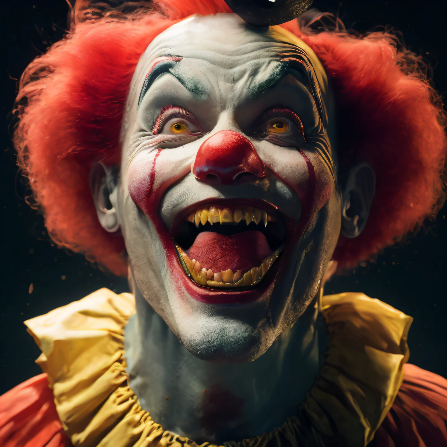 Malevolent Laughter An image capturing an evil clown mid-laughter, mouth open wide, emitting a chilling and unhinged cackle, heightening the sense of fear and unease, Ultra realism, color field printing, high detail, UHD, 8k, anatomically correct, cinematic lighting 4d quality --auto